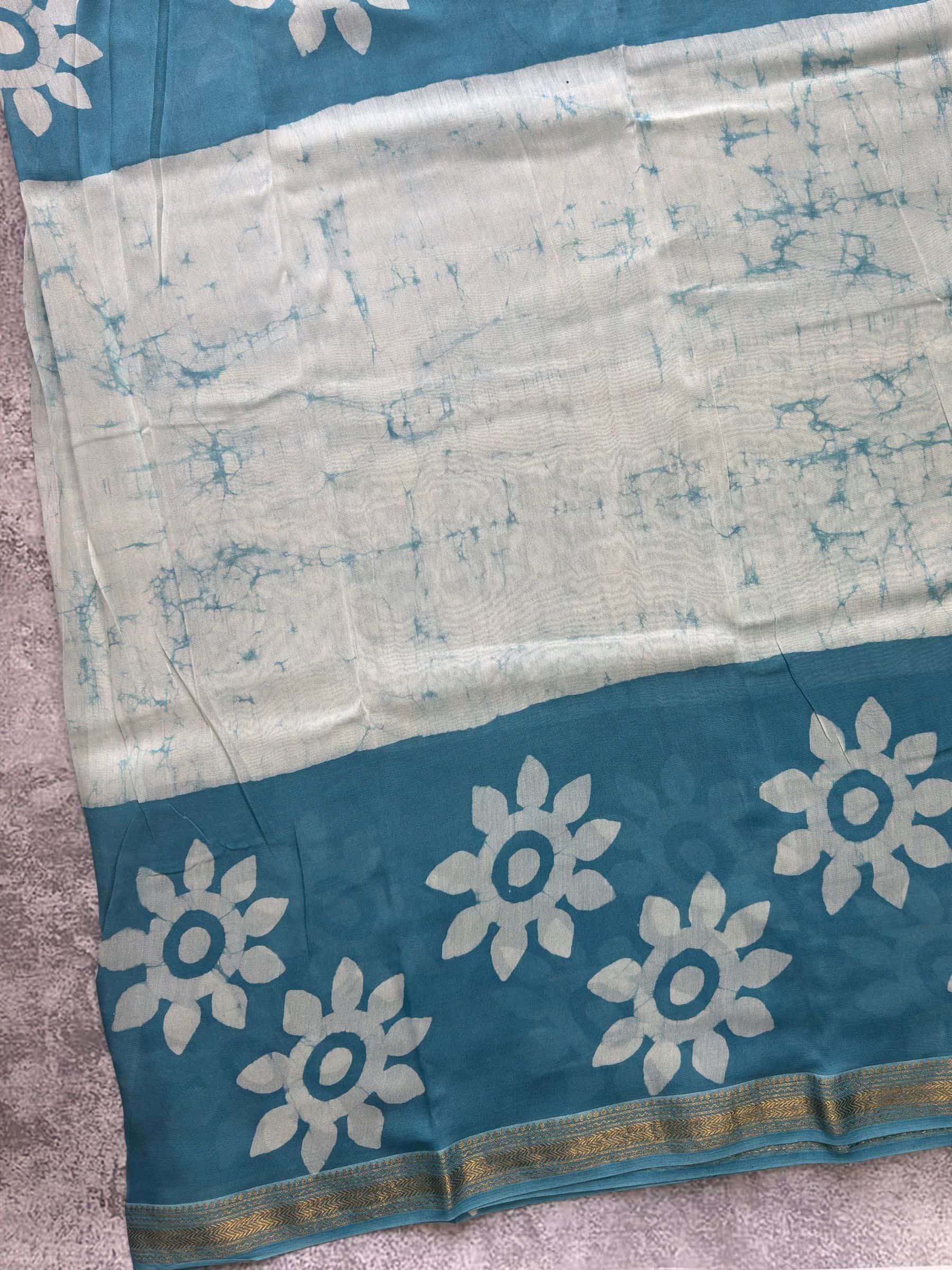Hand Block Printed Maheshwari Silk Cotton Saree in Teal Blue