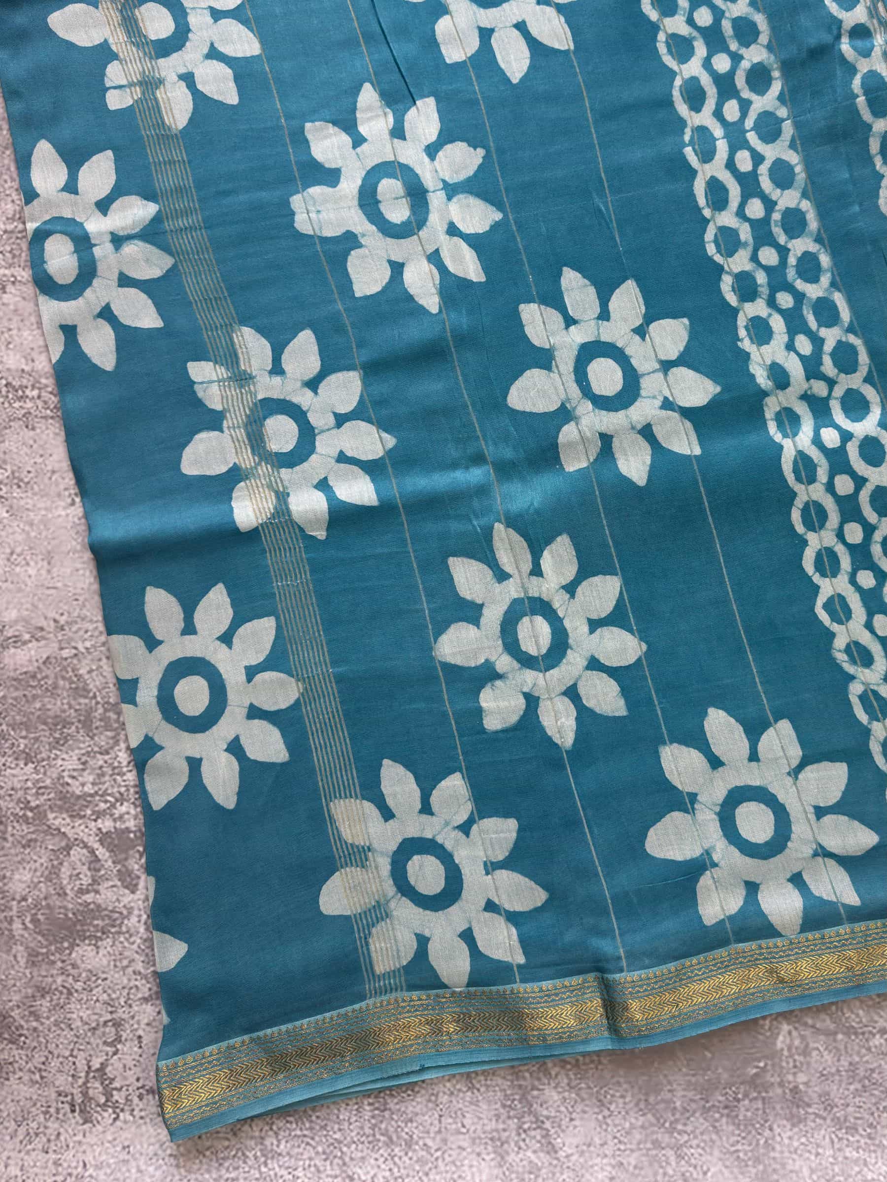Hand Block Printed Maheshwari Cotton Silk Saree in Teal Blue