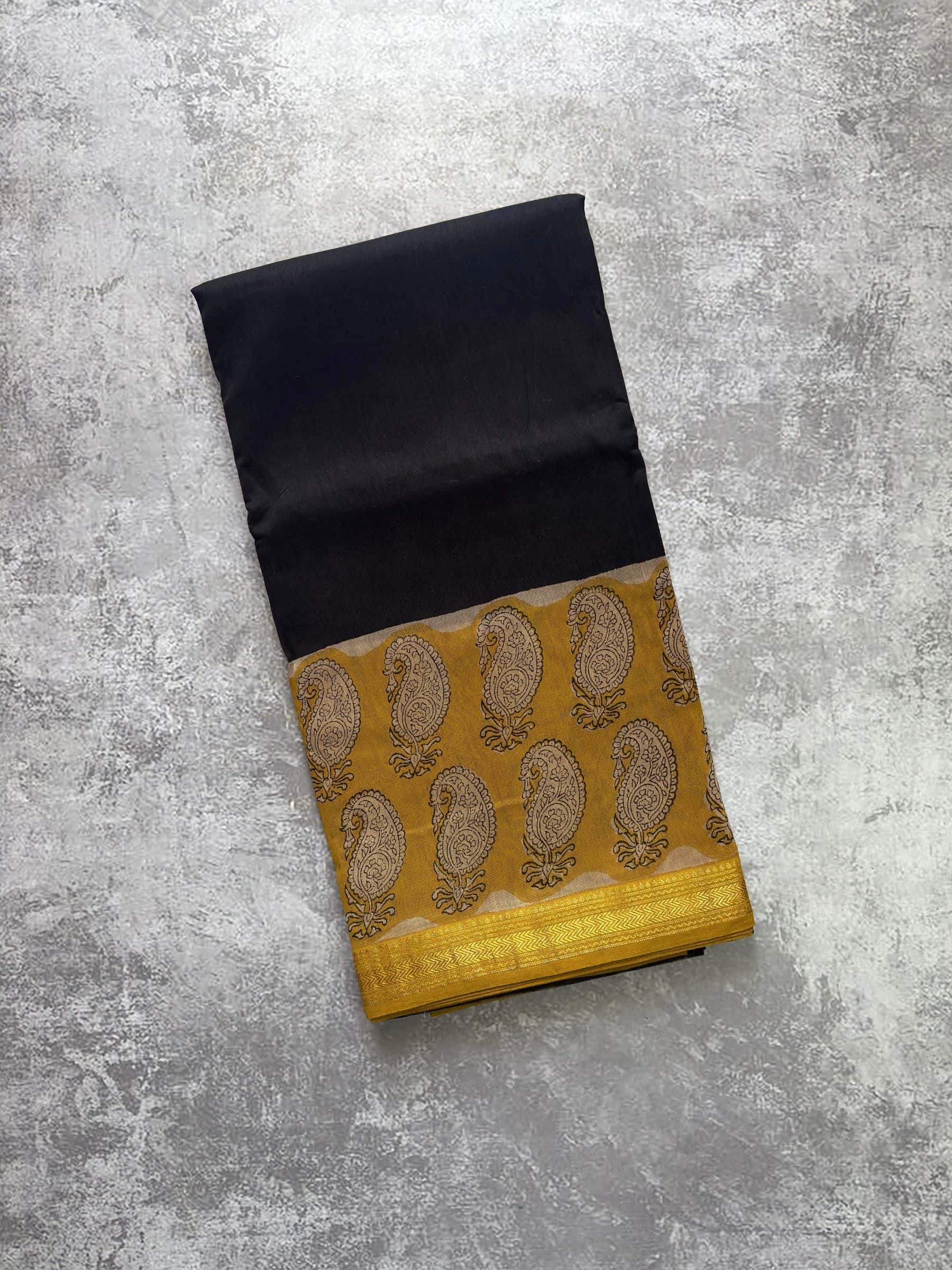 Black hand block printed Maheshwari silk cotton saree with mustard yellow pallu