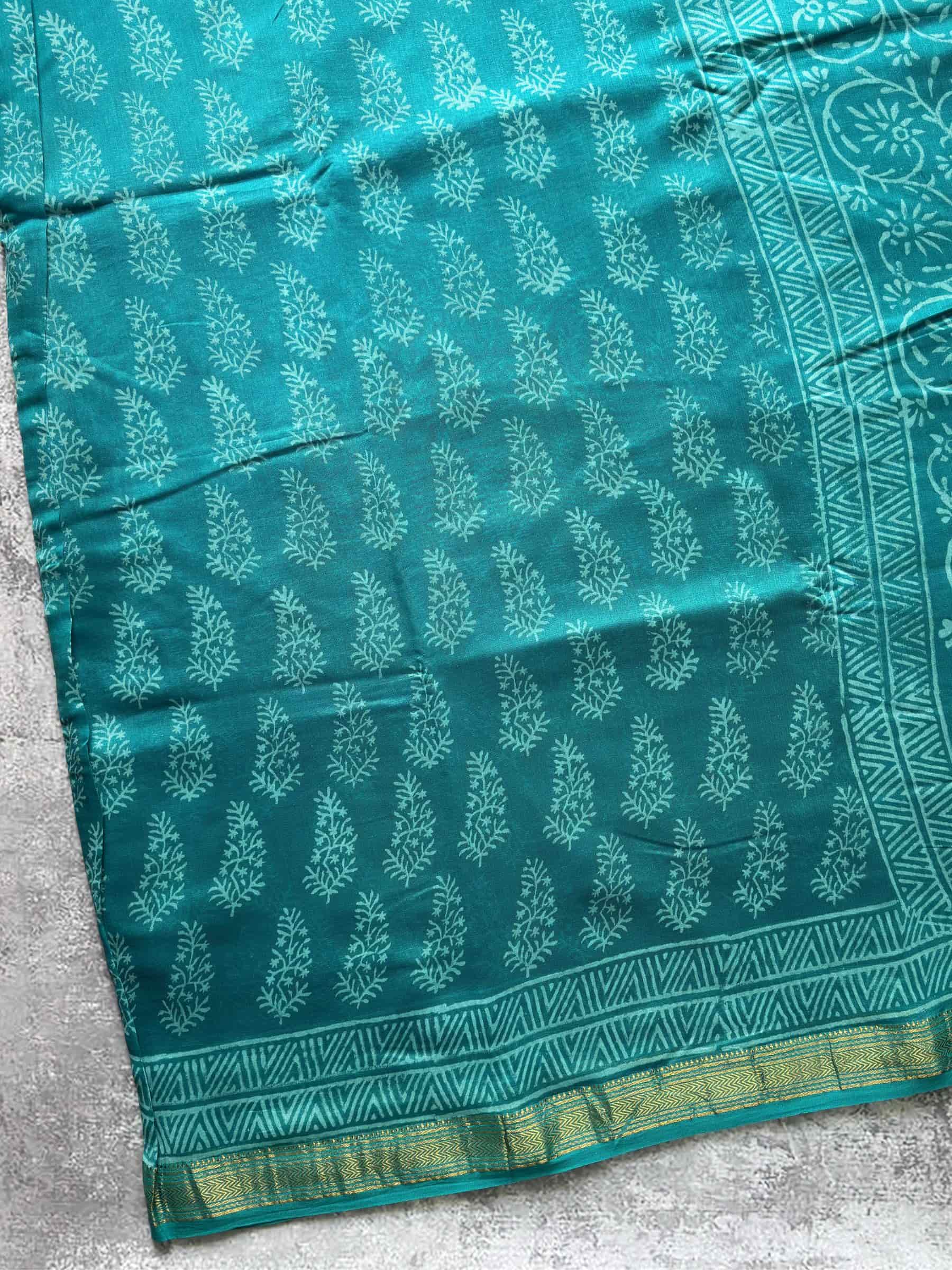 Hand Block Printed Maheshwari Silk Cotton Saree in Teal