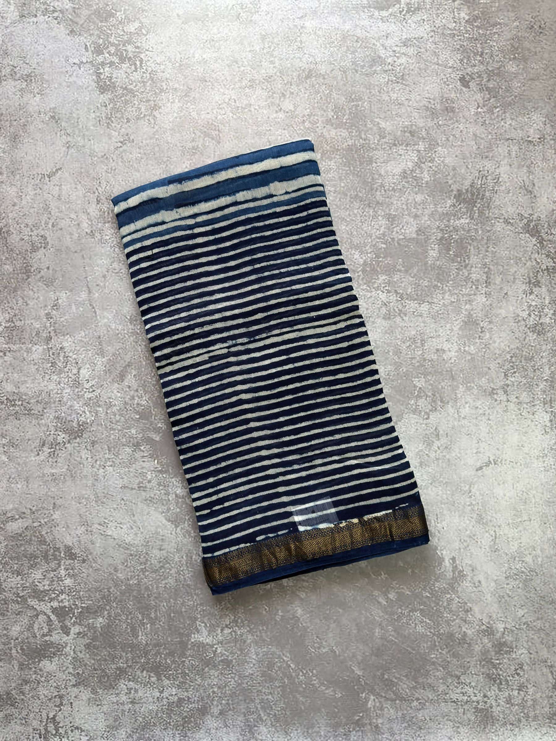 Blue hand block printed Maheshwari silk cotton saree body with stripe design