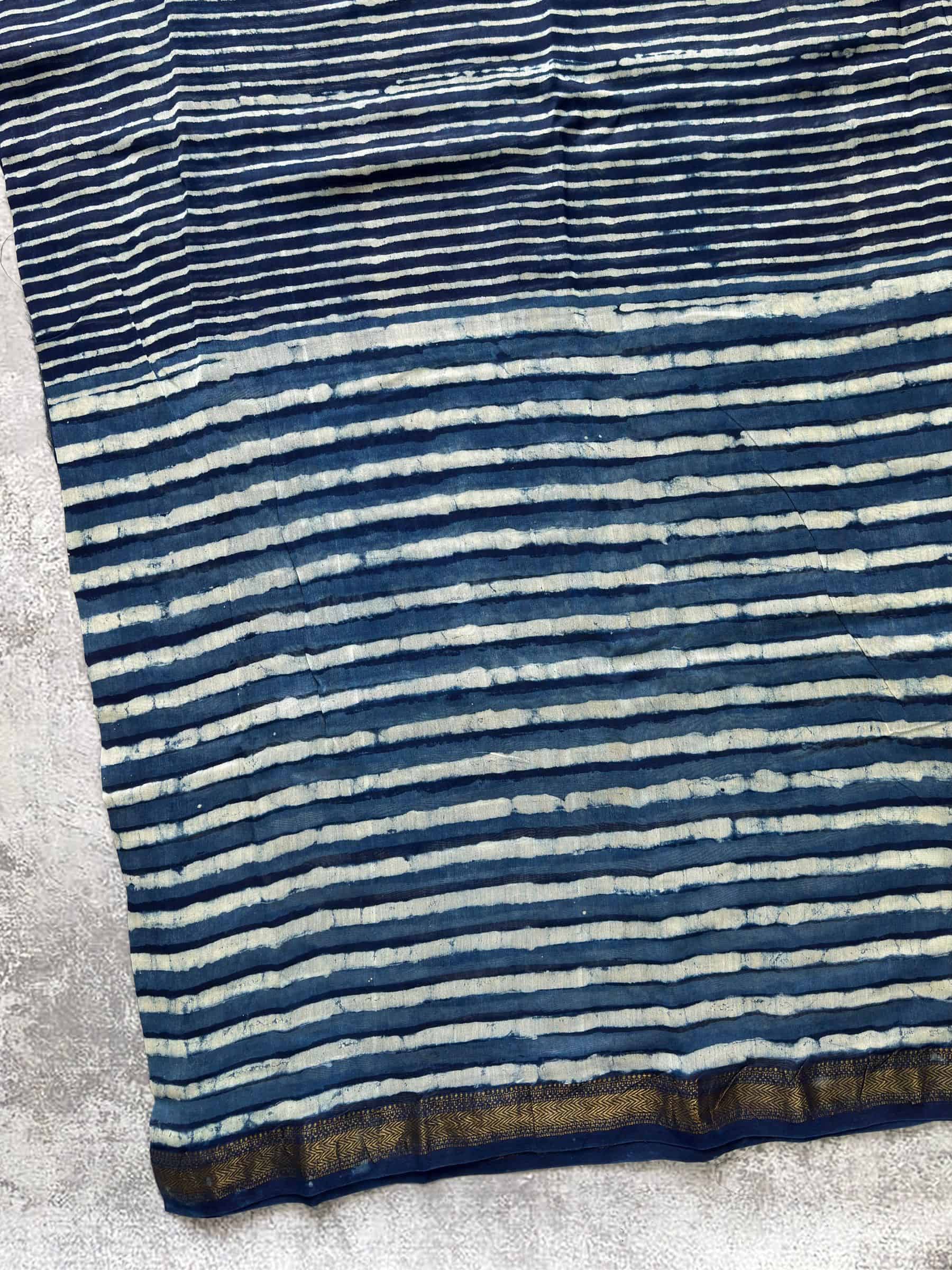 Hand Block Printed Maheshwari Silk Cotton Saree with Blue Stripes