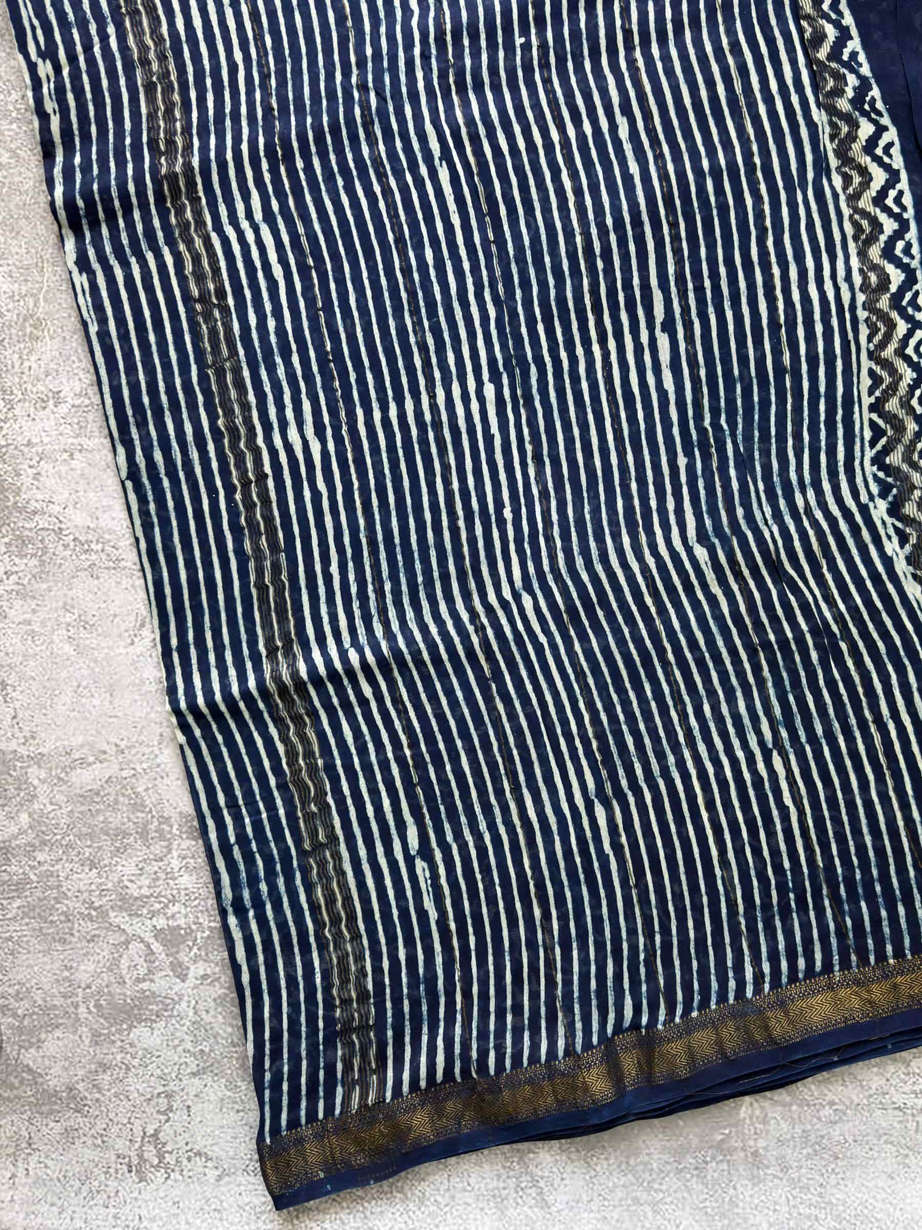 Hand Block Printed Maheshwari Cotton Silk Saree with Blue Stripes