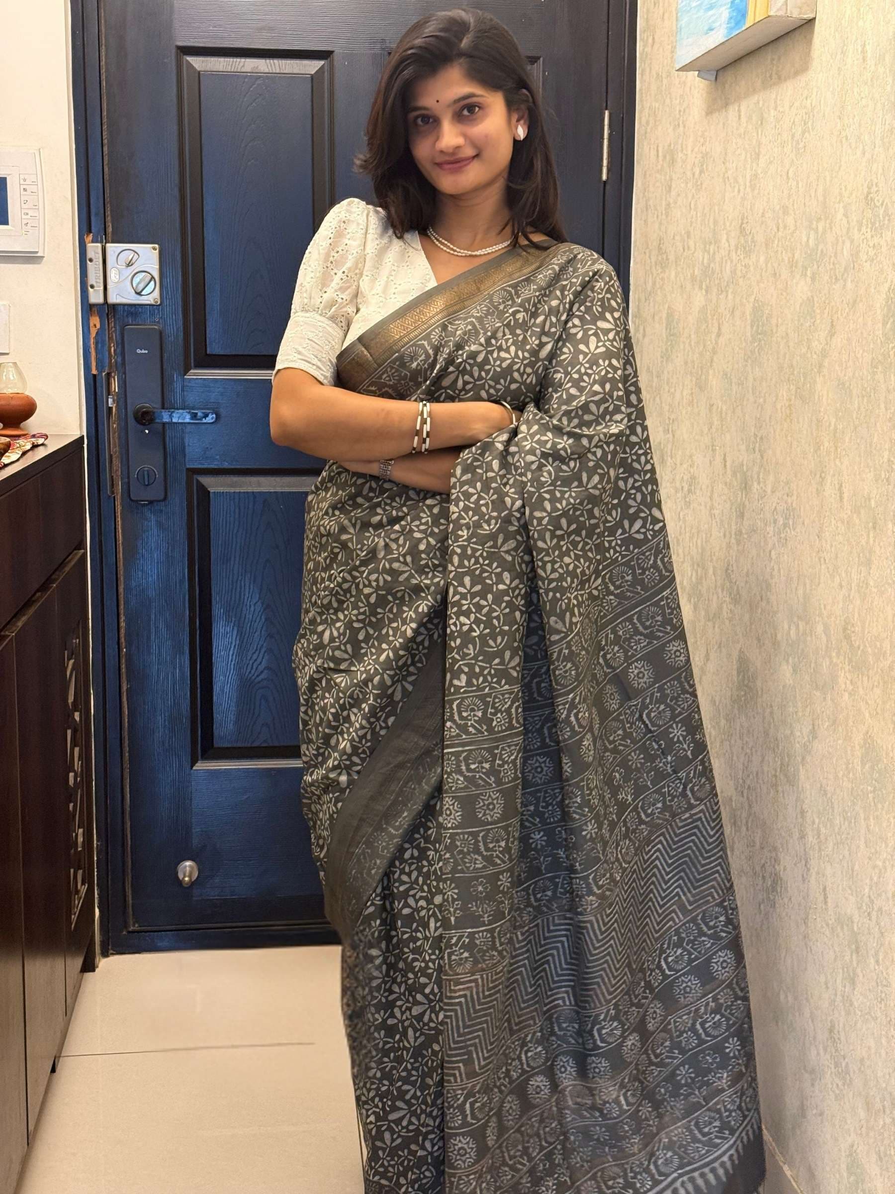 Grey Dabu Hand Block Printed Banana Silk Saree