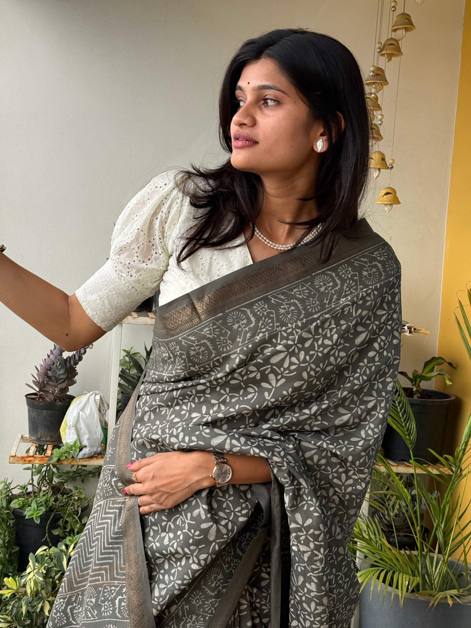 Grey Dabu Hand Block Printed Banana Silk Saree