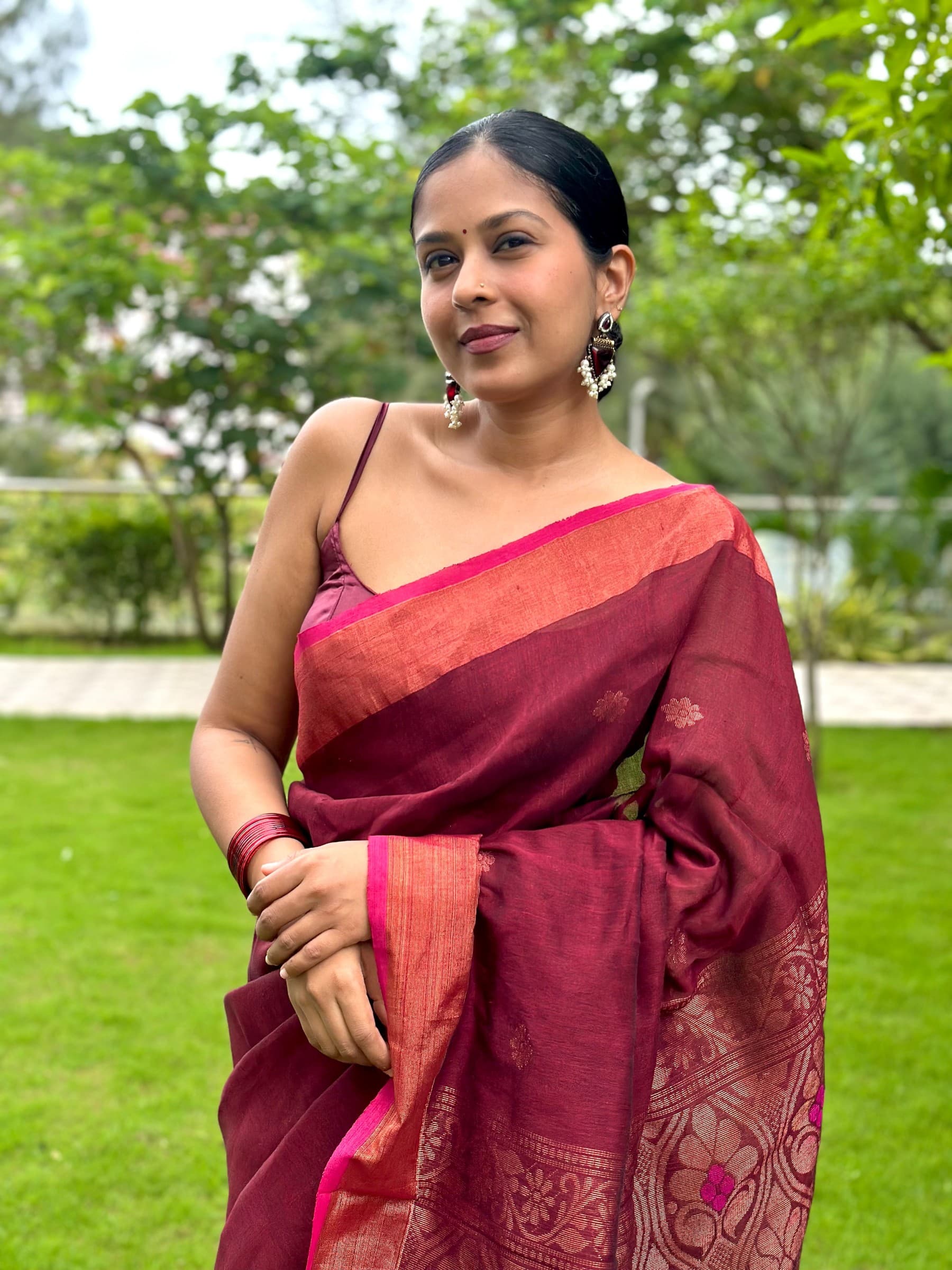 Handloom Organic Linen Banarasi Saree in Maroon