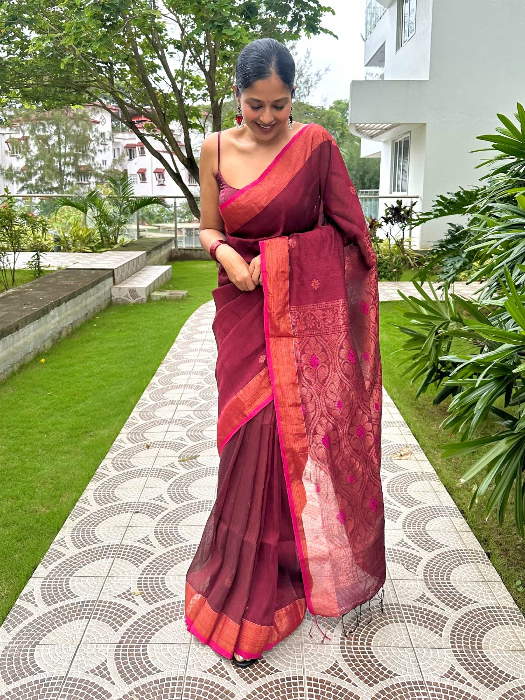 Handloom Organic Linen Banarasi Saree in Maroon