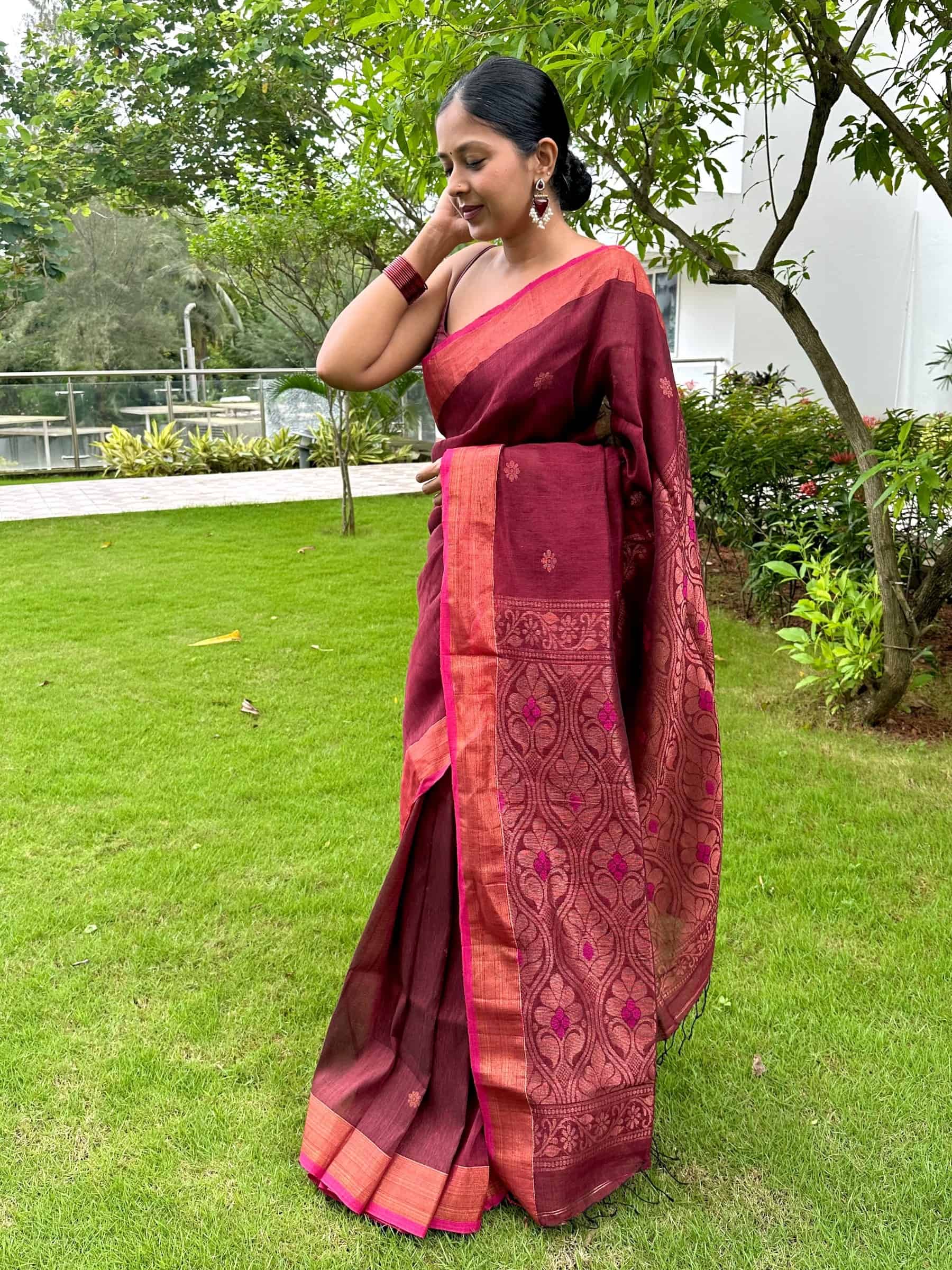 Handloom Organic Linen Banarasi Saree in Maroon