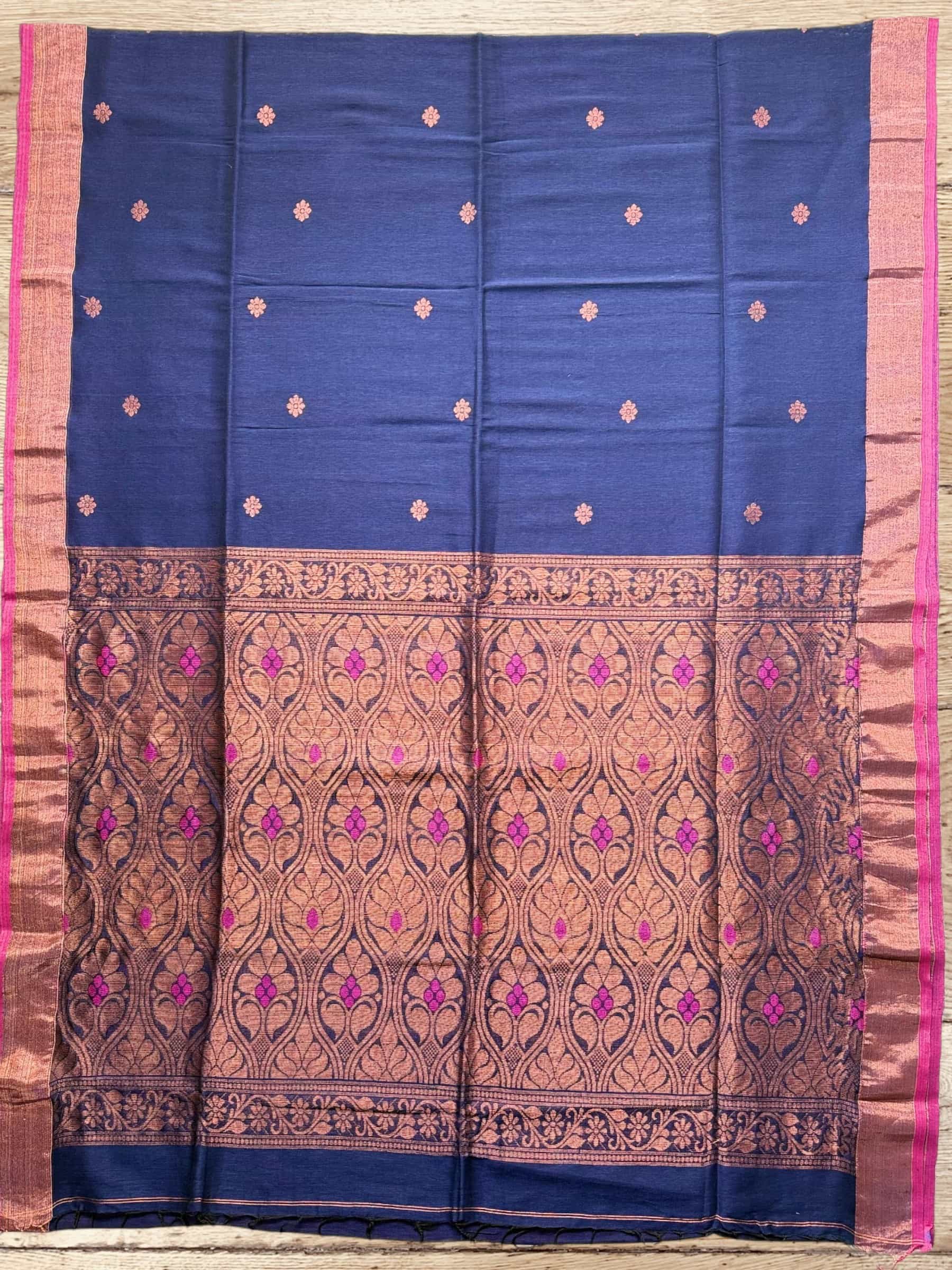Handloom Organic Linen Banarasi Saree in Blue