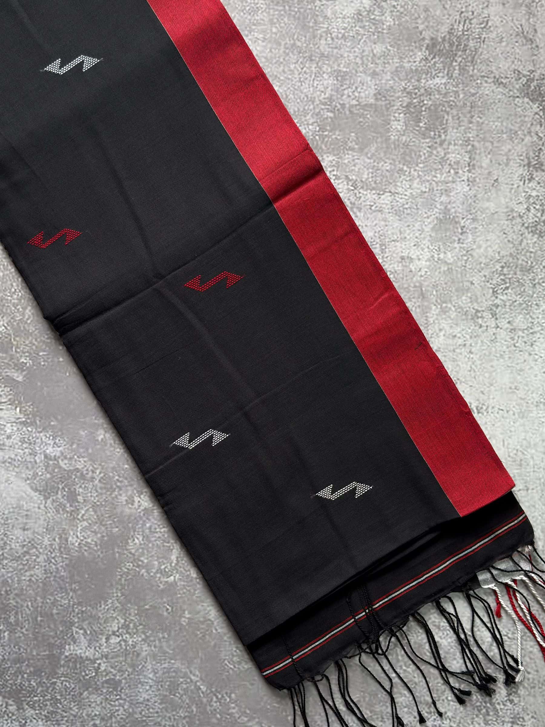 Black handloom Bengal cotton Jamdani saree with red border