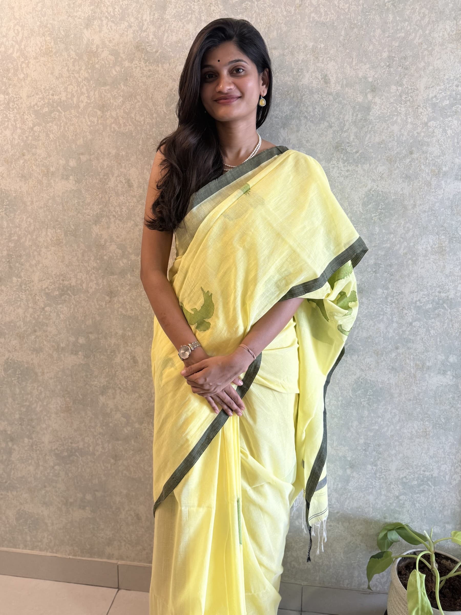 Handloom Yellow Cotton Jamdani Saree with Green Motifs
