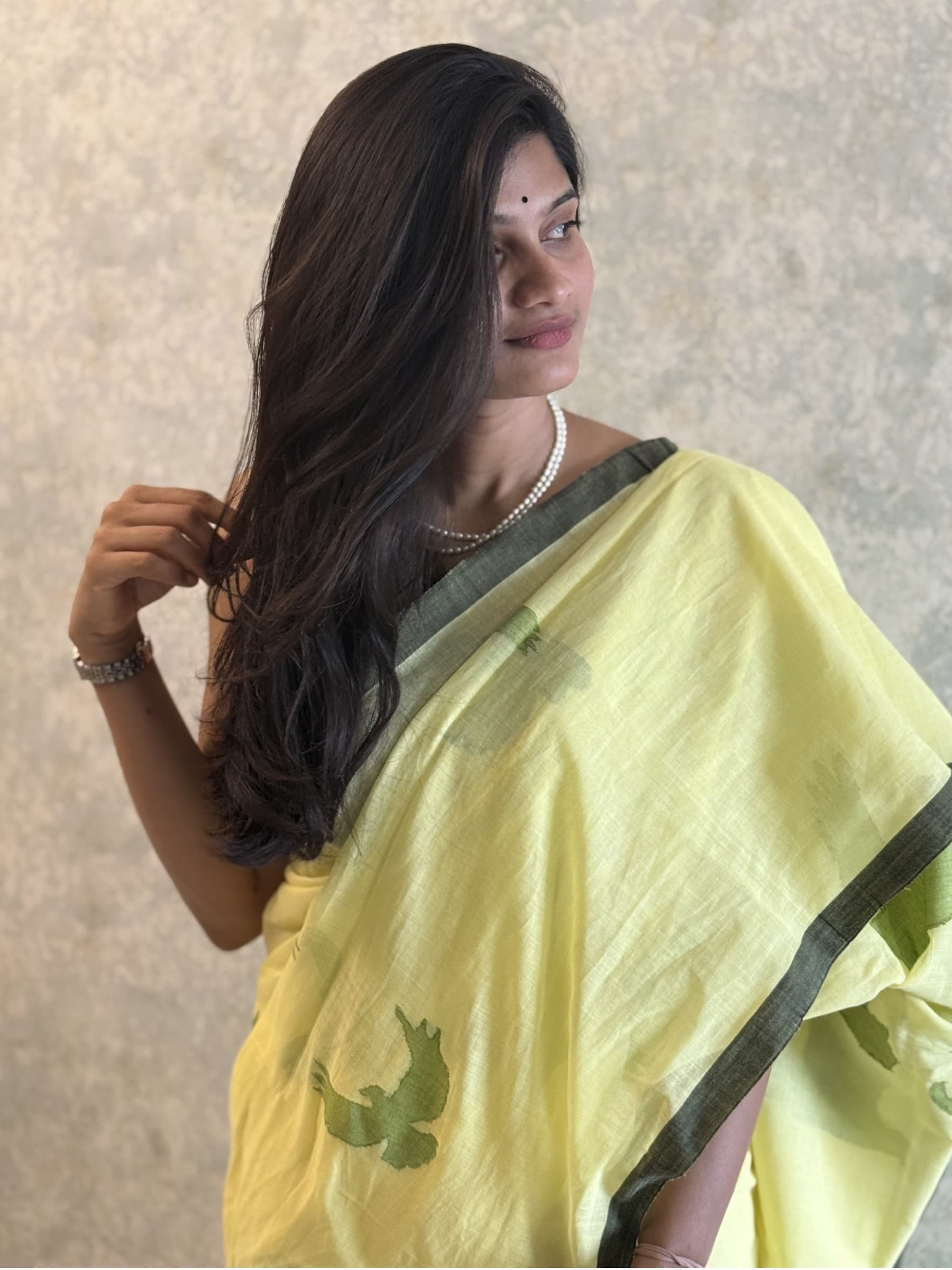Handloom Yellow Cotton Jamdani Saree with Green Motifs