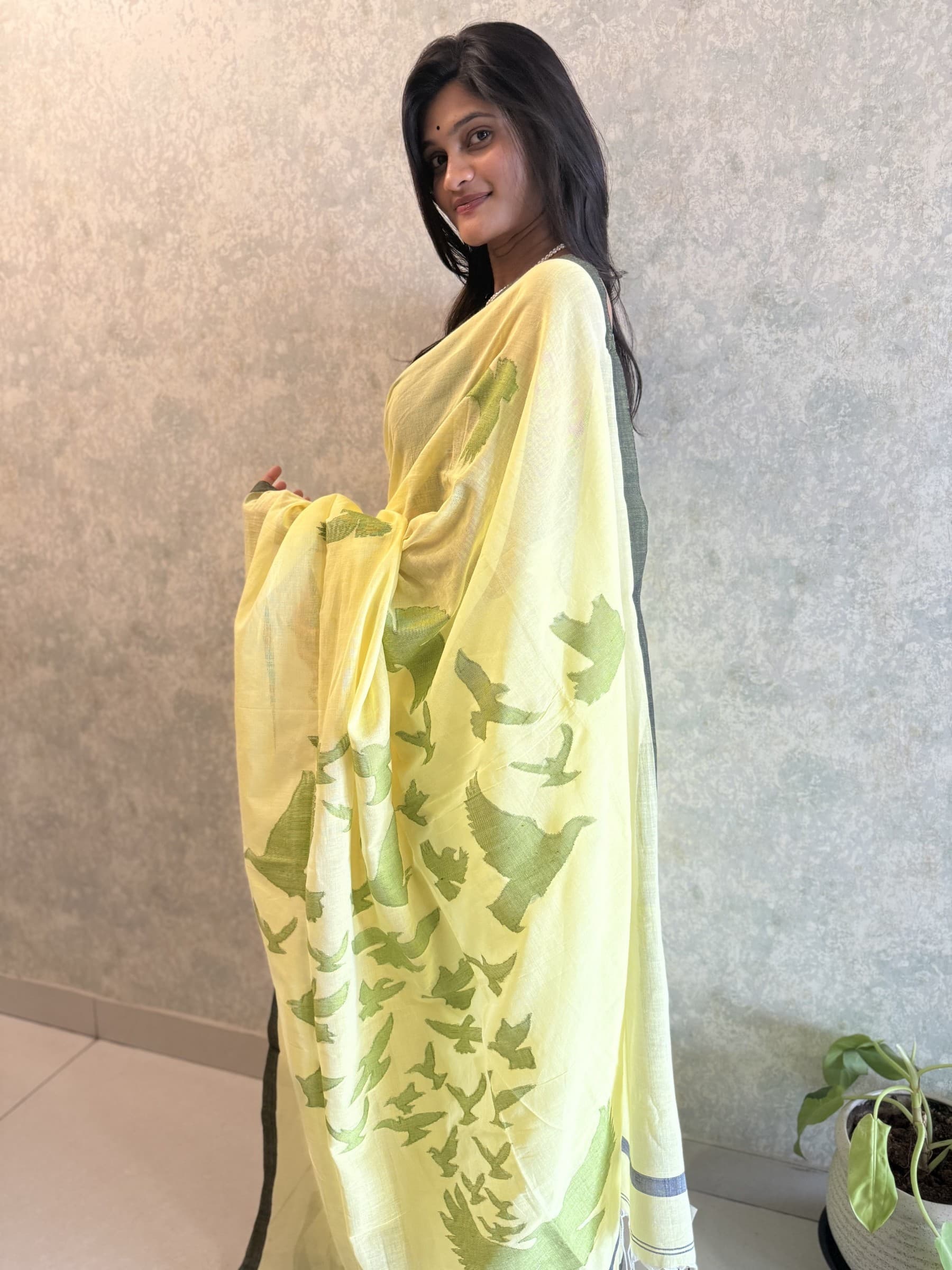 Handloom Yellow Cotton Jamdani Saree with Green Motifs