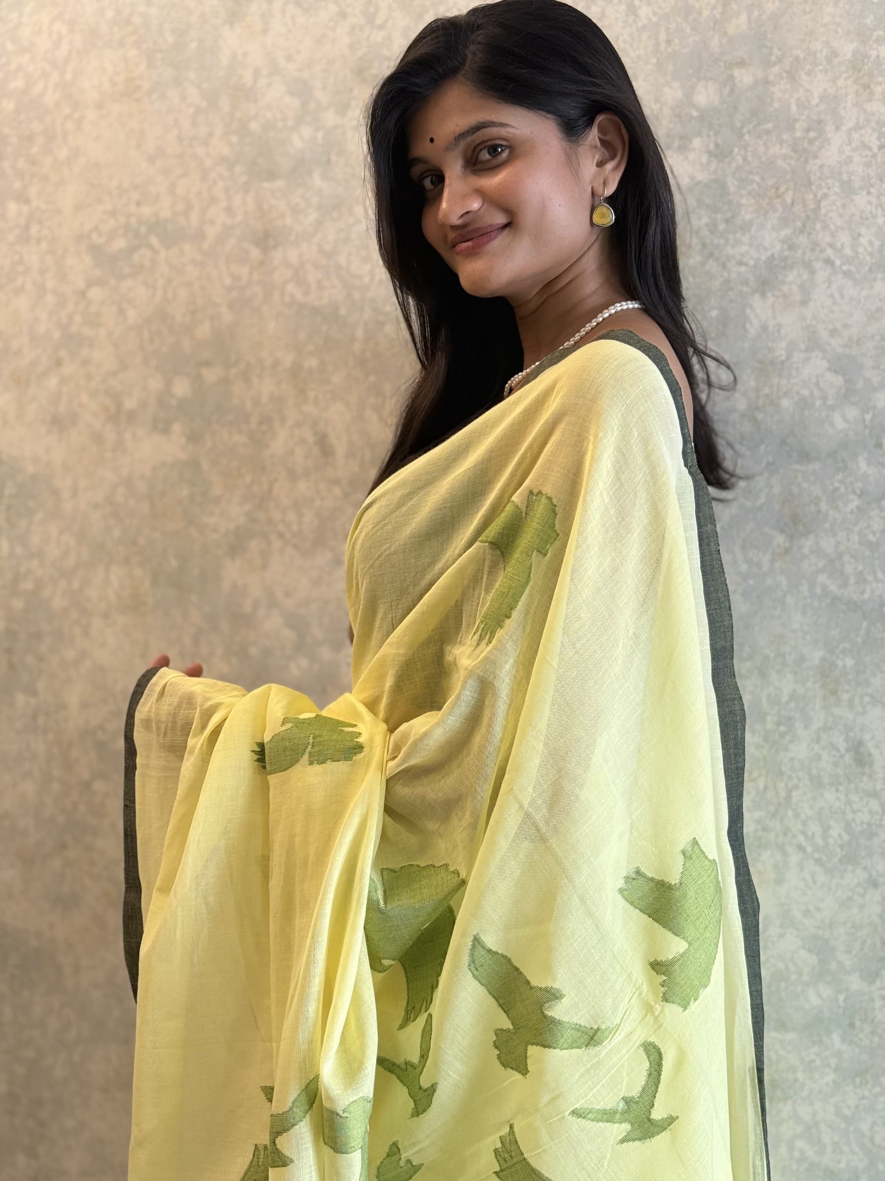 Handloom Yellow Cotton Jamdani Saree with Green Motifs