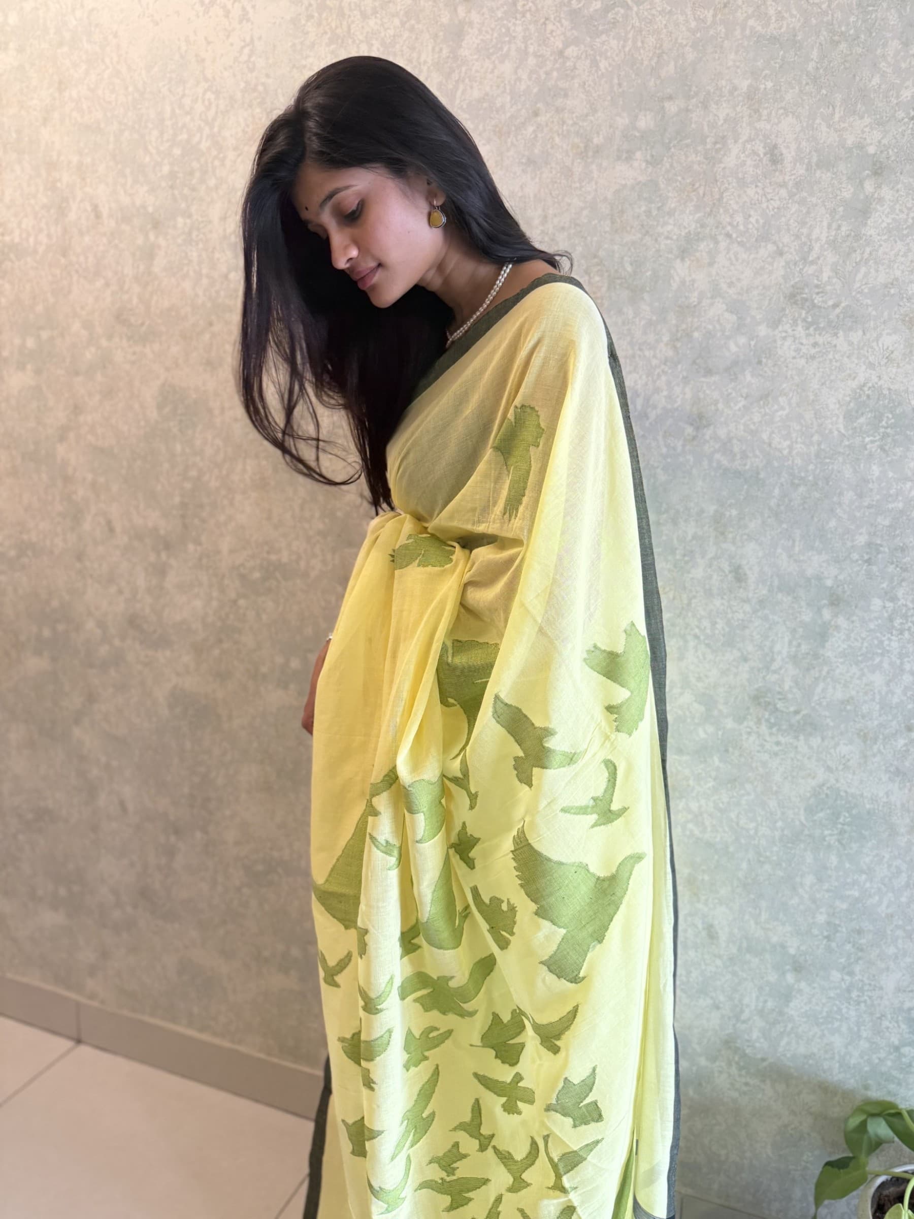 Handloom Yellow Cotton Jamdani Saree with green motifs