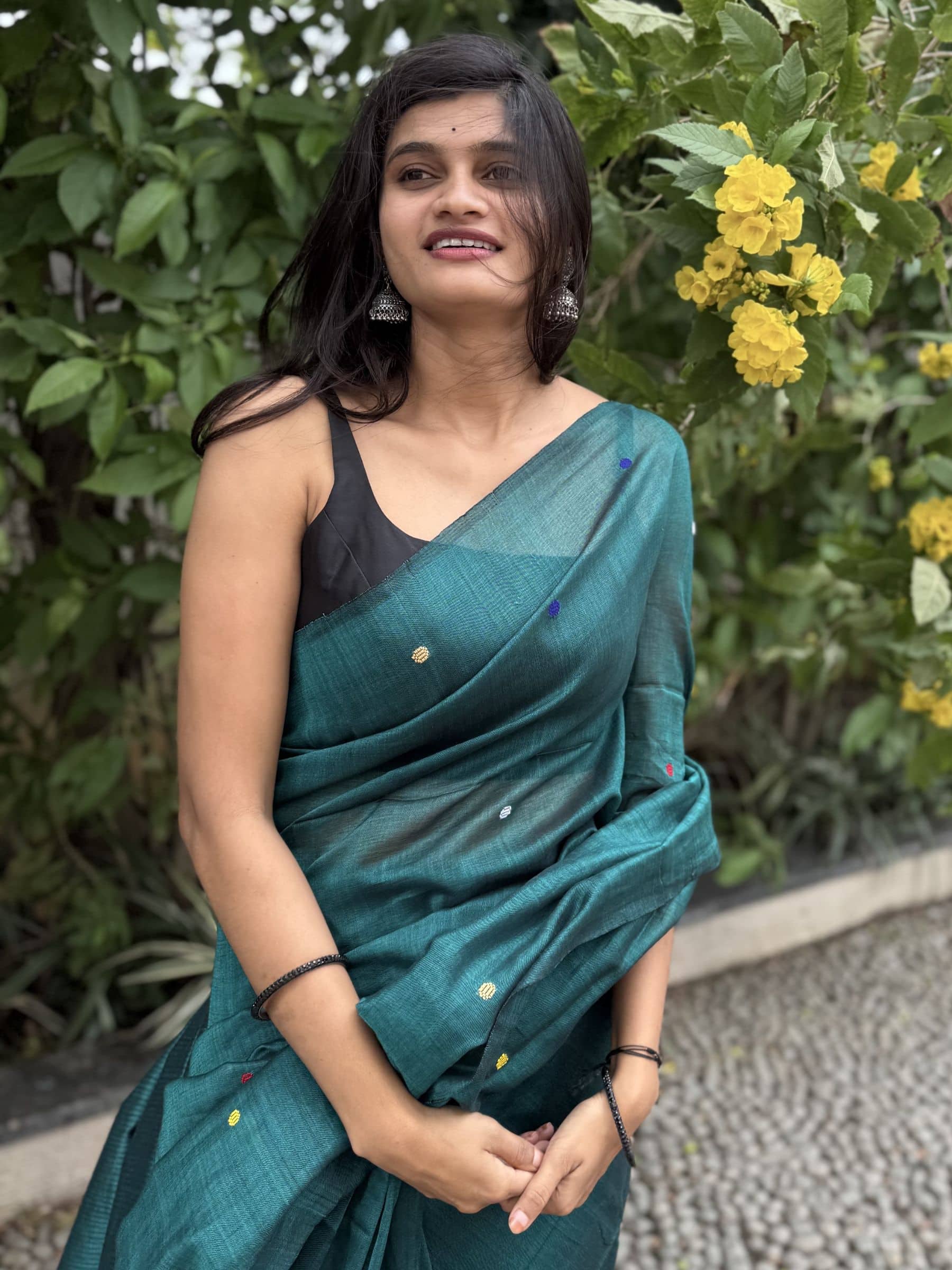 Handloom Bengal Cotton Saree – Bottle Green With Multicolor Butti