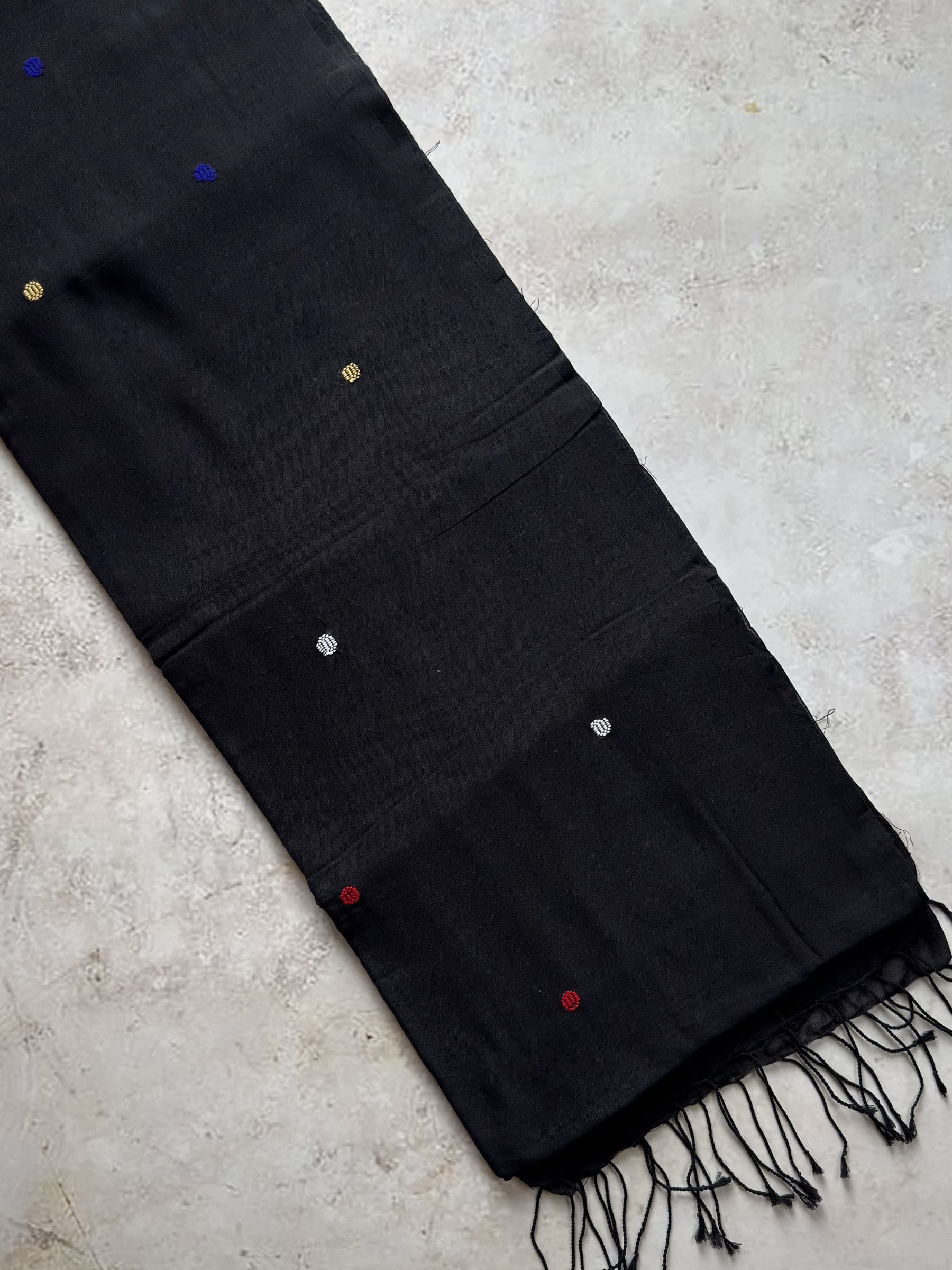 Black handloom Bengal cotton saree with multicolor woven buttis