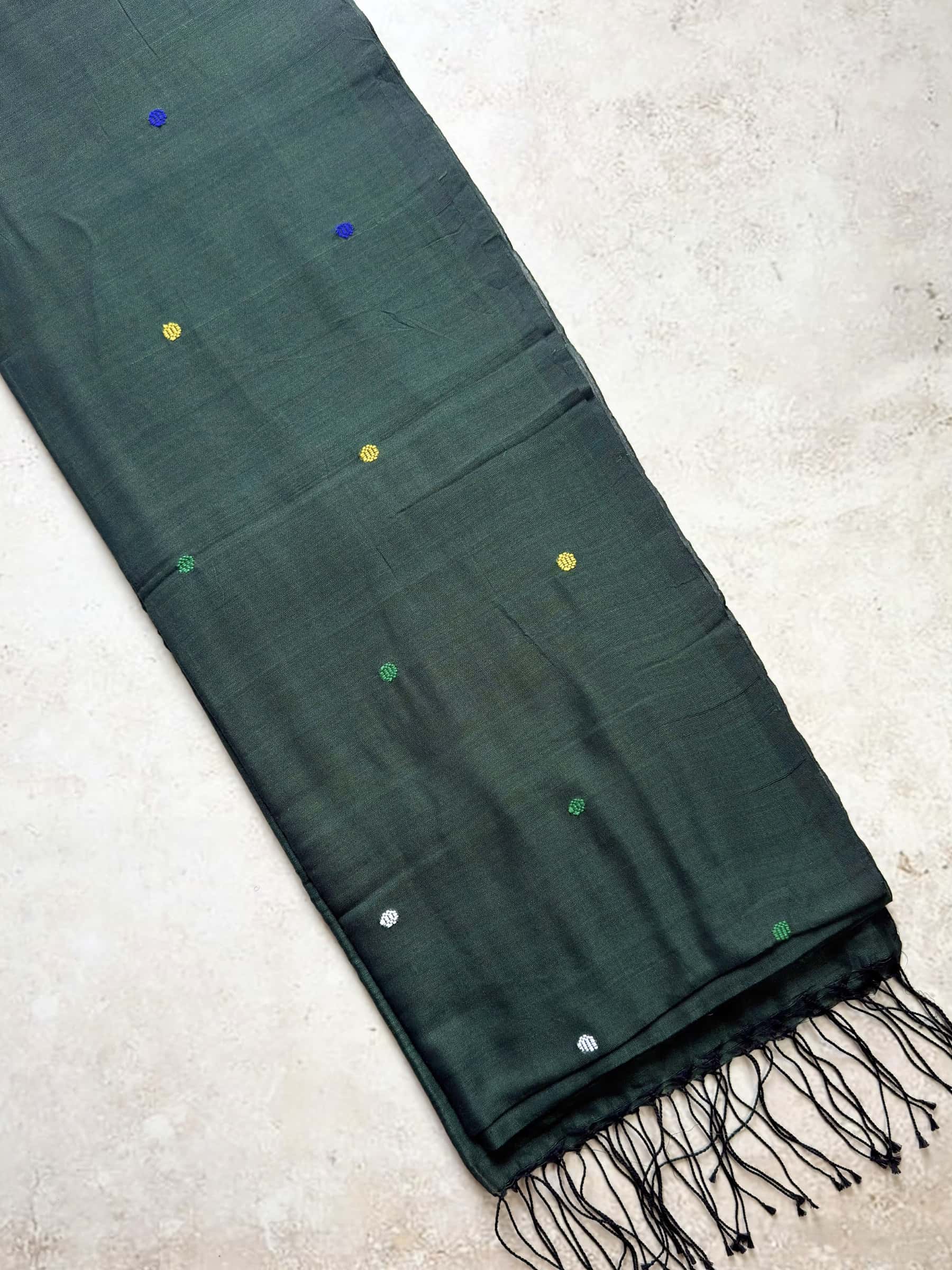 Bottle green handloom Bengal cotton saree with woven buttis
