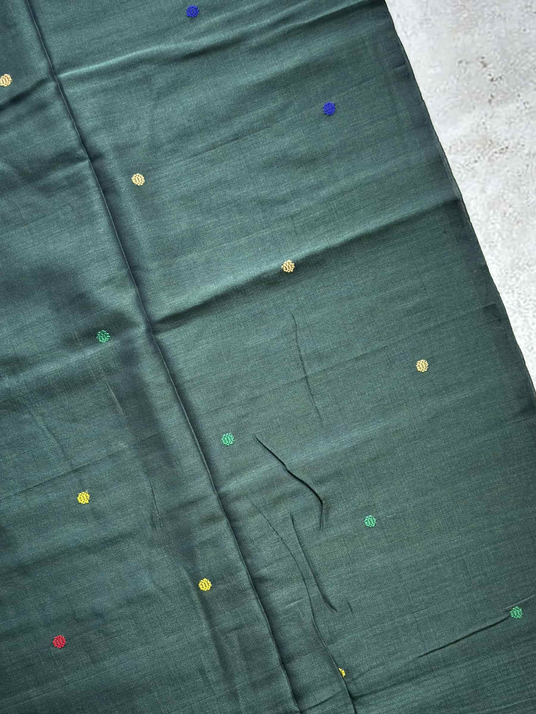 Handloom Bengal Cotton Saree – Bottle Green With Multicolor Butti