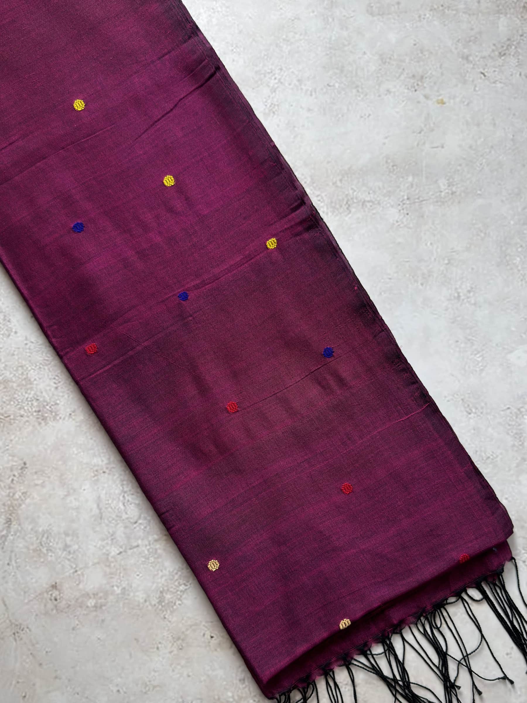 Deep wine Bengal cotton saree with colorful woven buttis