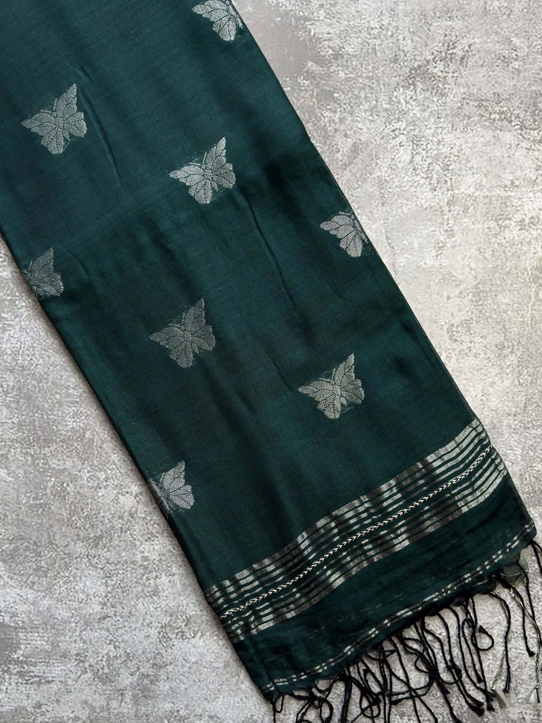 Handloom Mercerized Cotton Jamdani Saree in Bottle Green