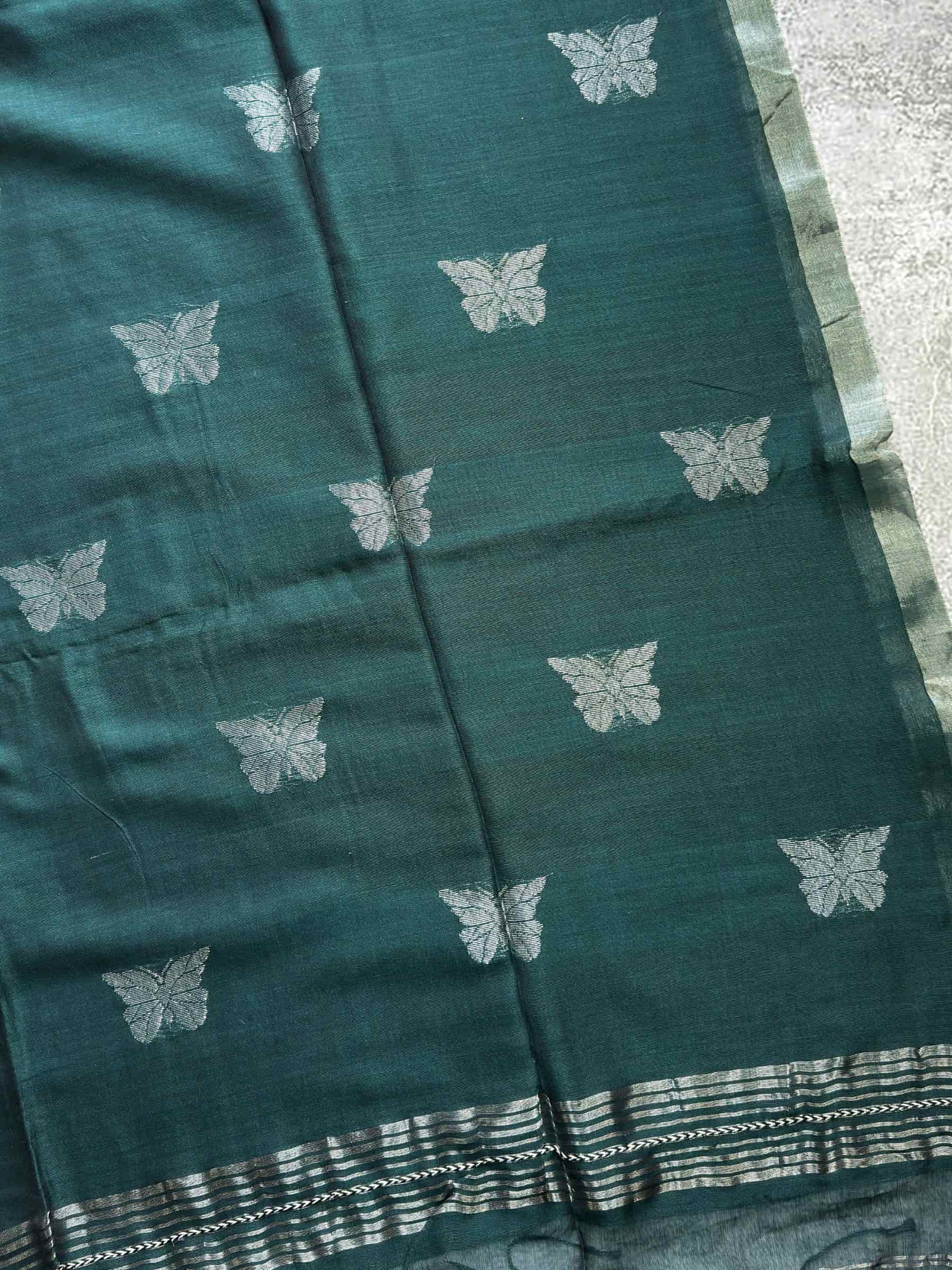 Handloom Mercerized Cotton Jamdani Saree in Bottle Green