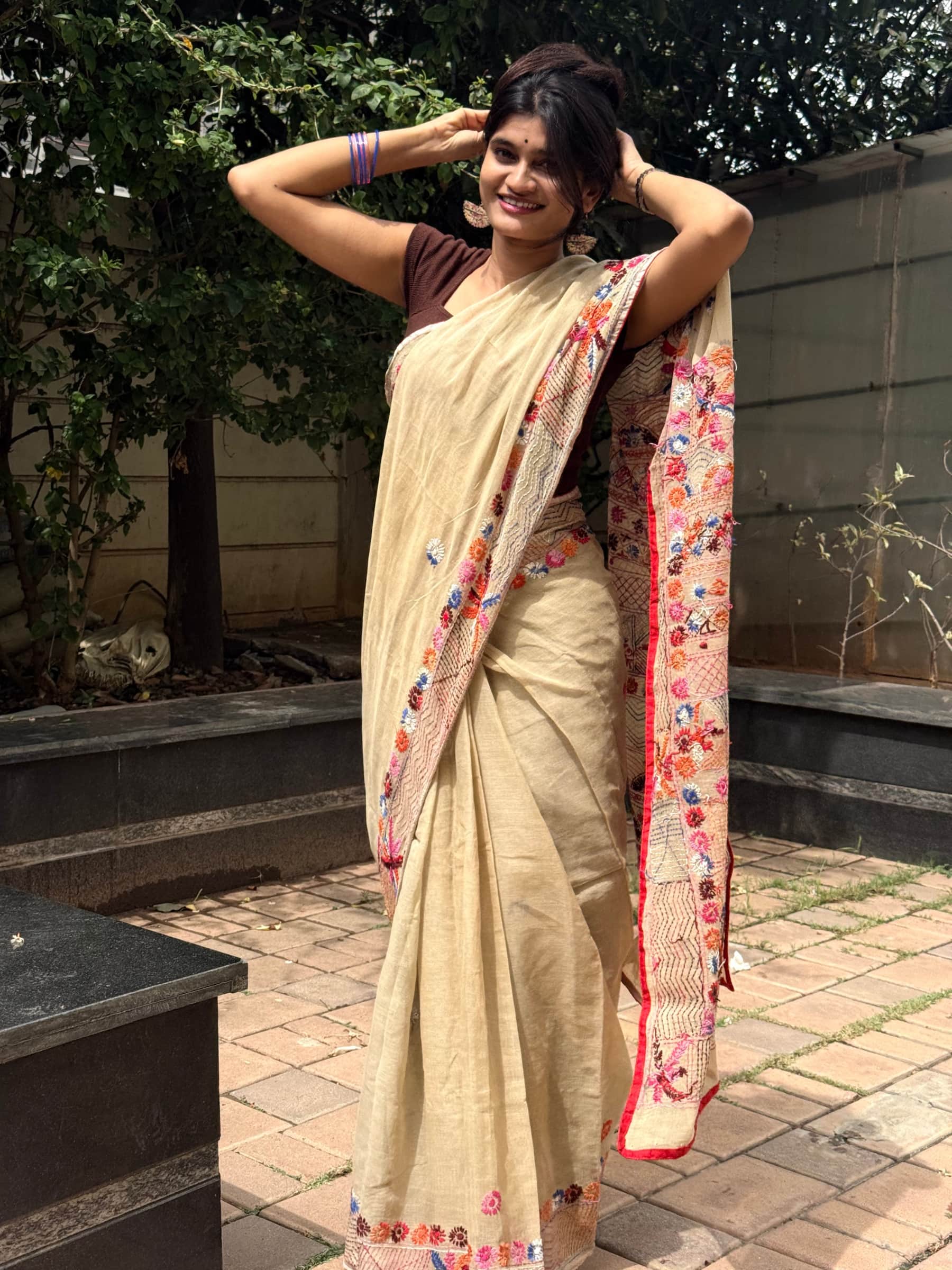 Handloom Dhonekhali Cotton Saree with Hand Embroidery in Beige