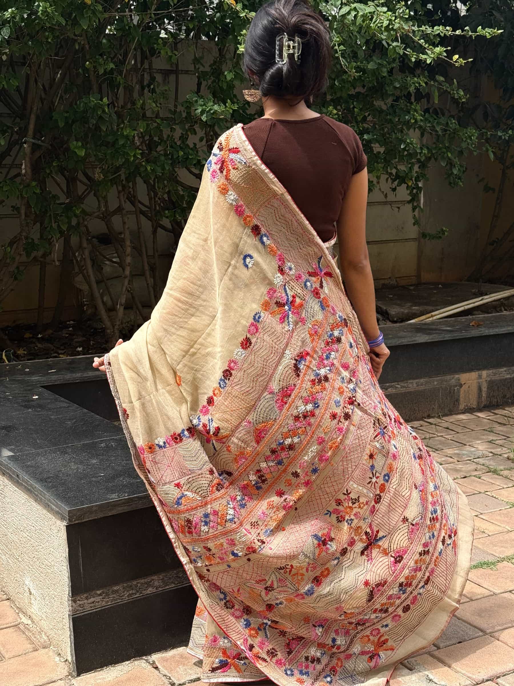 Handloom Dhonekhali Cotton Saree with Hand Embroidery in Beige