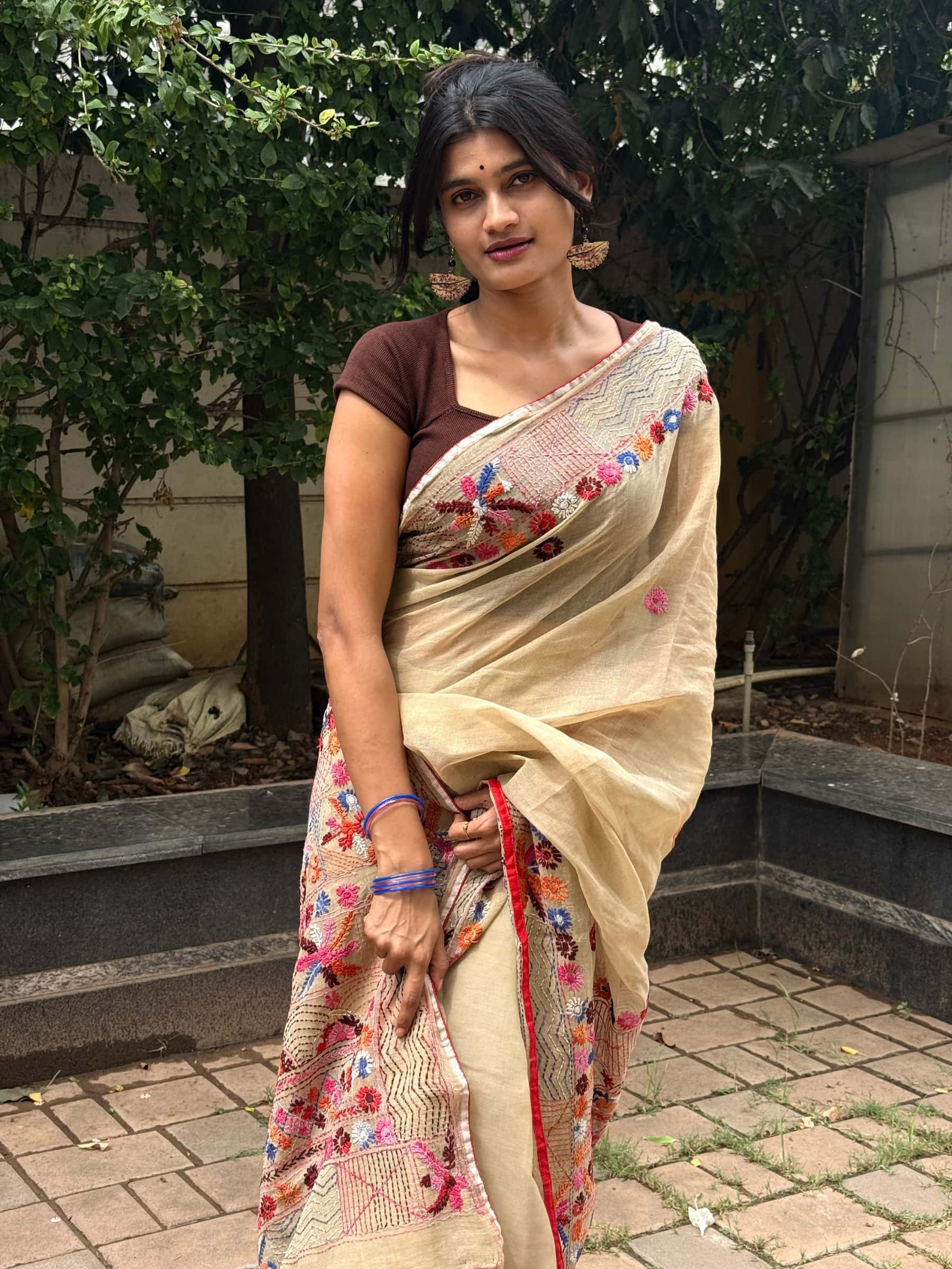 Handloom Dhonekhali Cotton Saree with Hand Embroidery in Beige