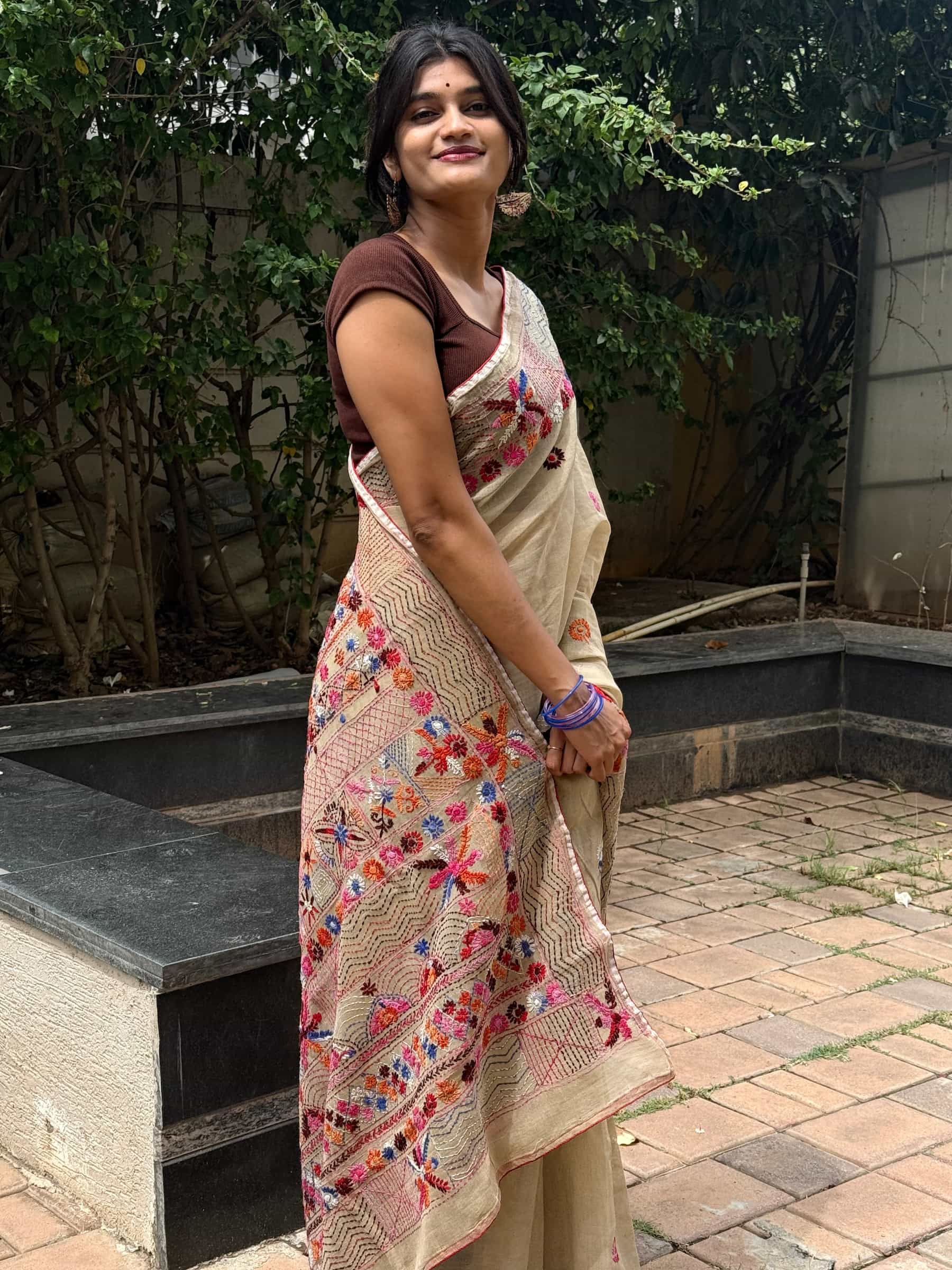 Handloom Dhonekhali Cotton Saree with Hand Embroidery in Beige