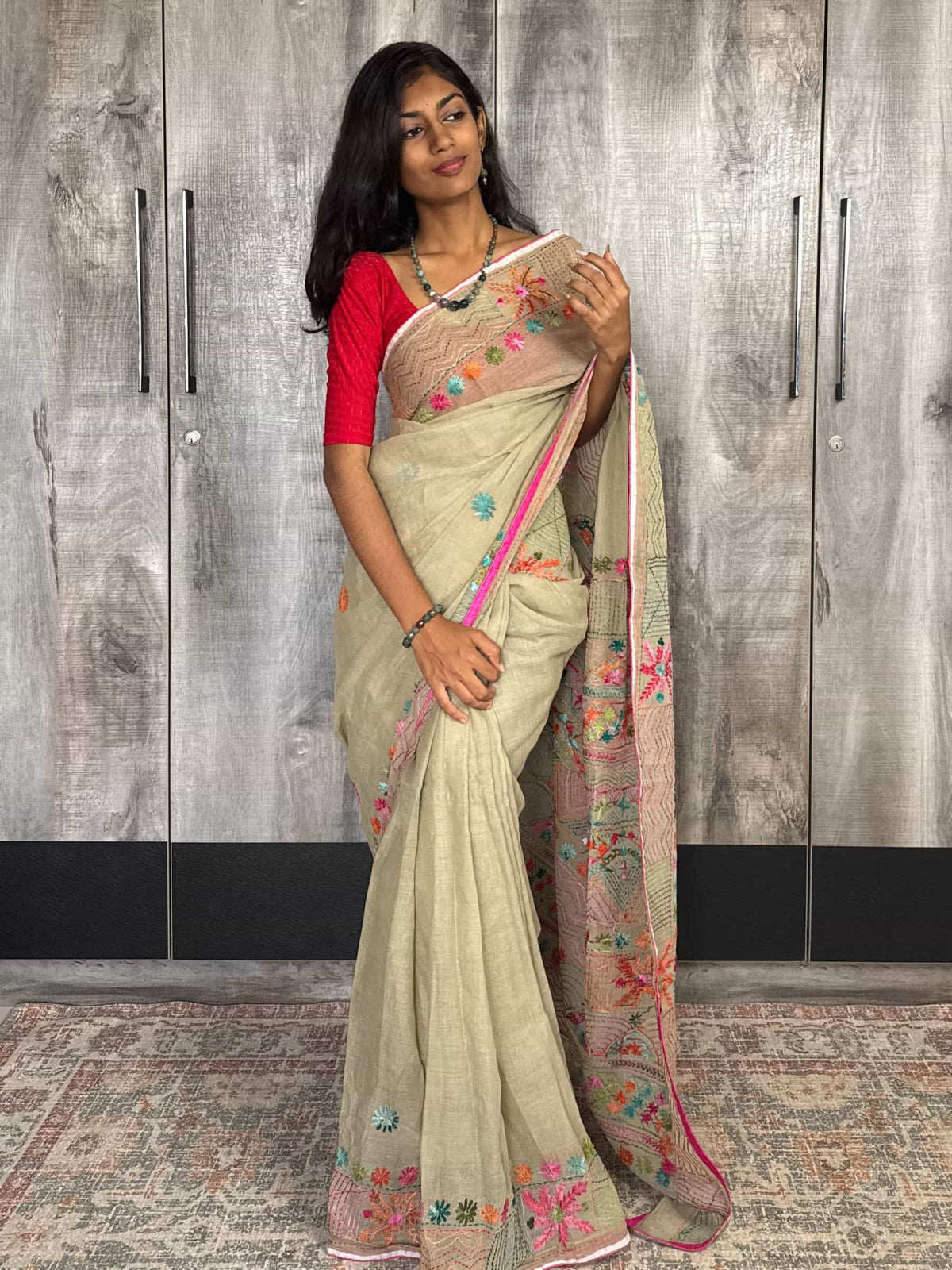 Handloom Dhonekhali cotton saree with hand embroidery in beige