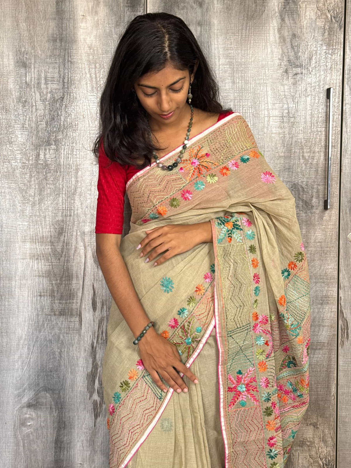Handloom Dhonekhali Cotton Saree with Hand Embroidery in Beige