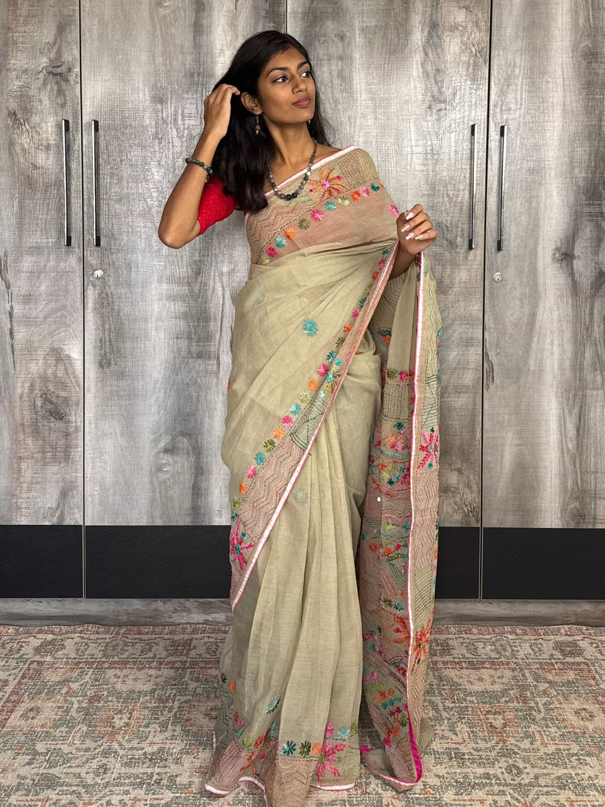 Handloom Dhonekhali Cotton Saree with Hand Embroidery in Beige