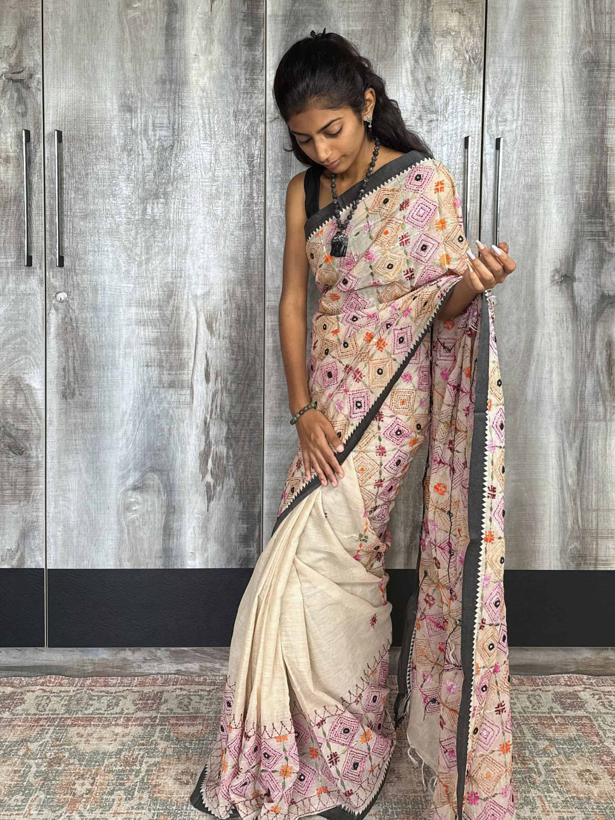 Handloom Dhonekhali Cotton Saree with Hand Embroidery in Beige