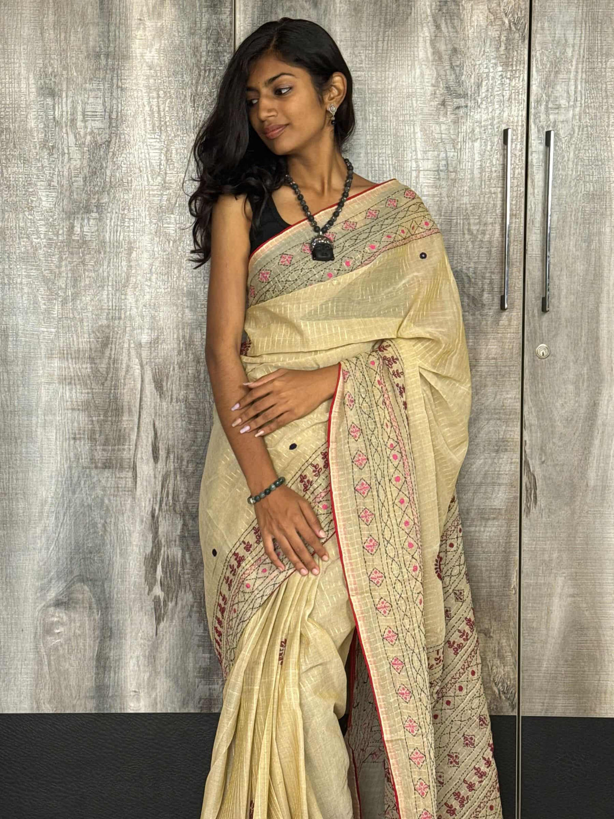 Handloom Dhonekhali Cotton Saree with Hand Embroidery in Beige