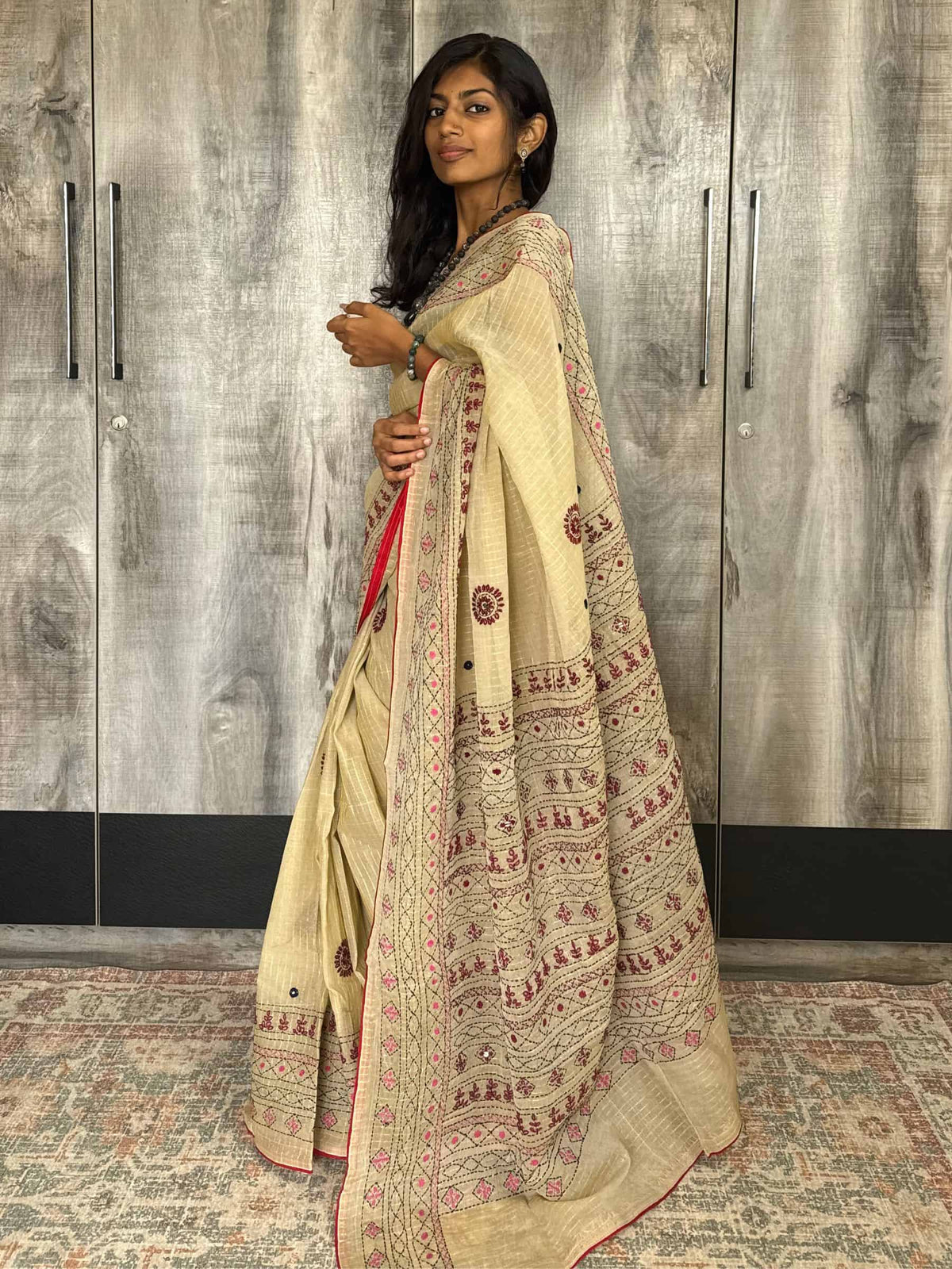 Handloom Dhonekhali Cotton Saree with Hand Embroidery in Beige