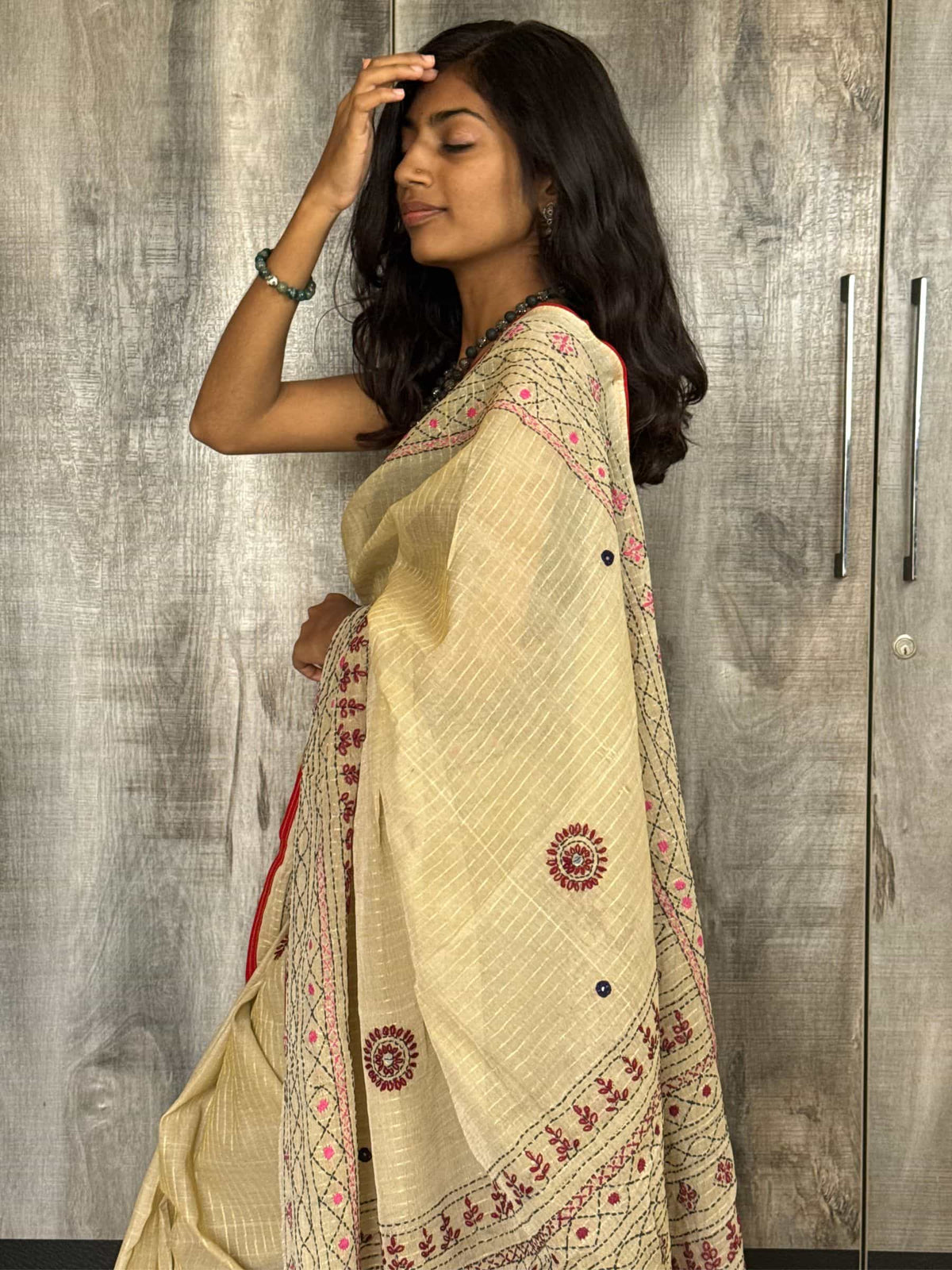 Handloom Dhonekhali Cotton Saree with Hand Embroidery in Beige