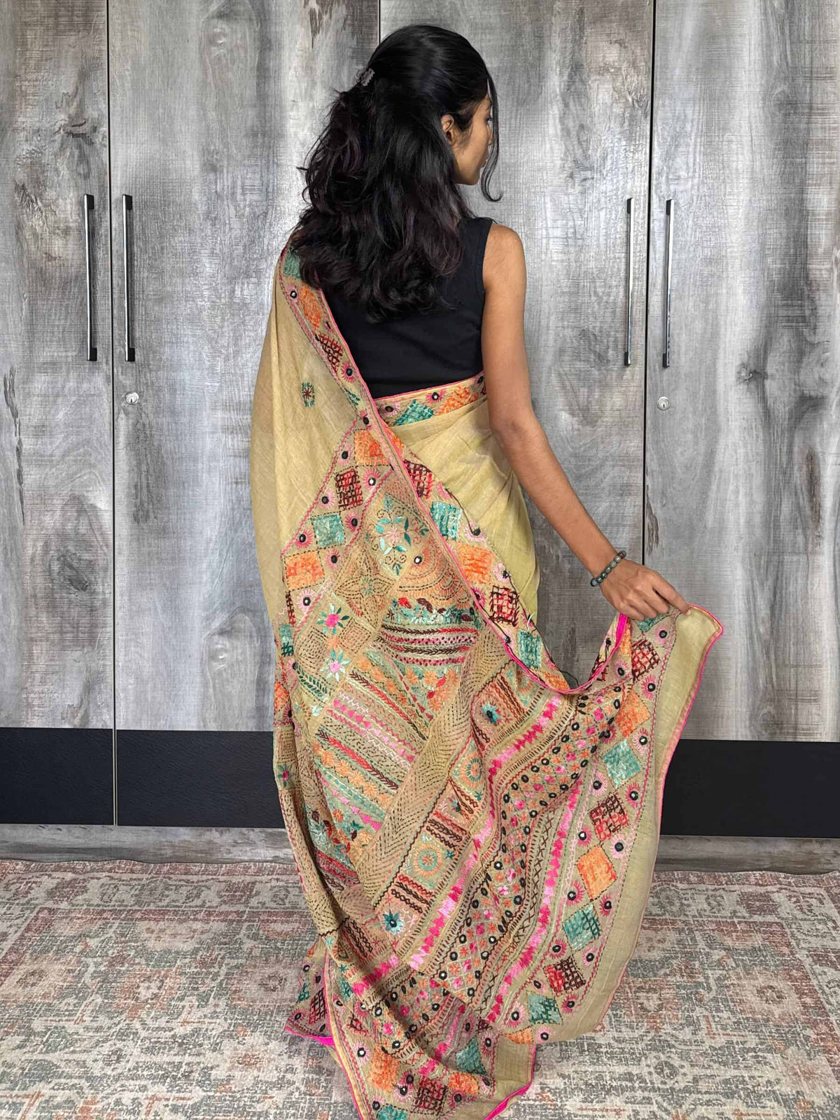 Handloom beige cotton saree with geometric hand embroidery