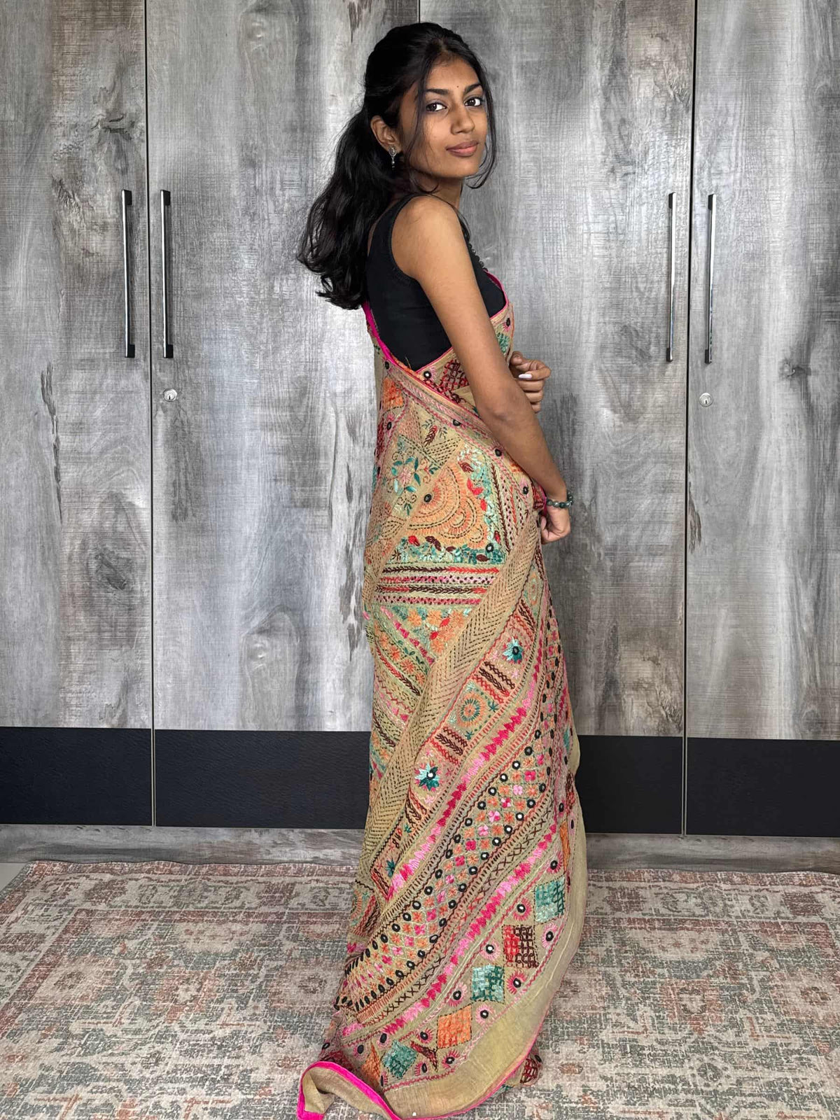 Handloom Dhonekhali Cotton Saree with Hand Embroidery in Beige
