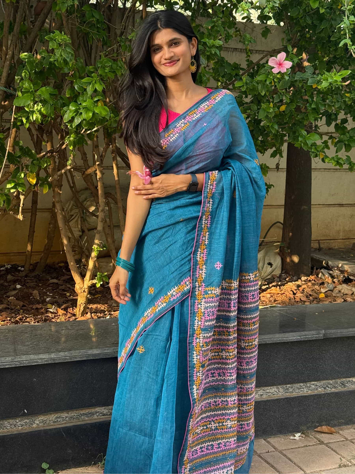 Blue handloom Dhonekhali cotton saree with Lambani hand embroidery