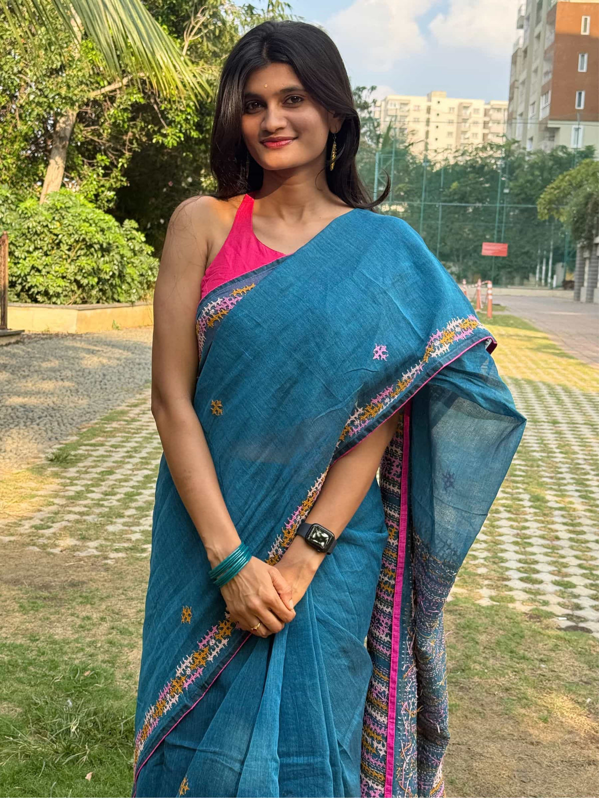 Blue Dhonekhali cotton saree with multicolor Lambani embroidery