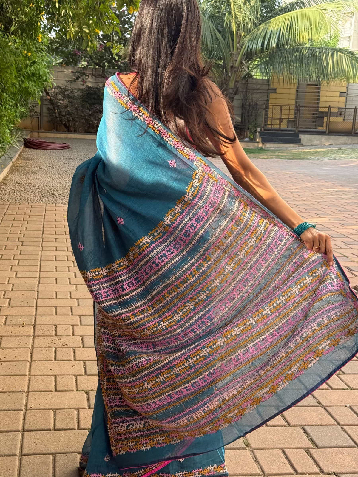 Handloom Dhonekhali Cotton Saree with Hand Embroidery in Blue