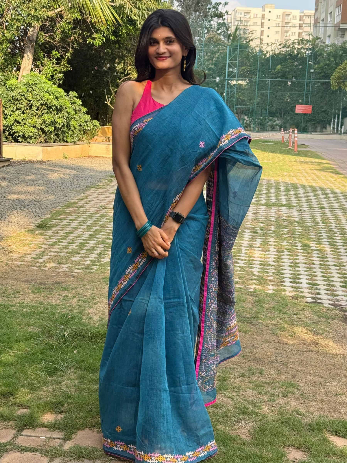 Handloom Dhonekhali Cotton Saree with Hand Embroidery in Blue