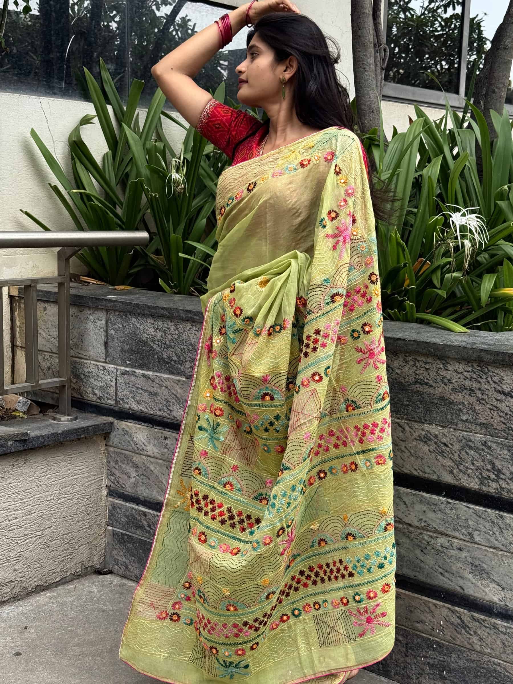 Handloom Dhonekhali Cotton Saree with Hand Embroidery in Pistachio Green