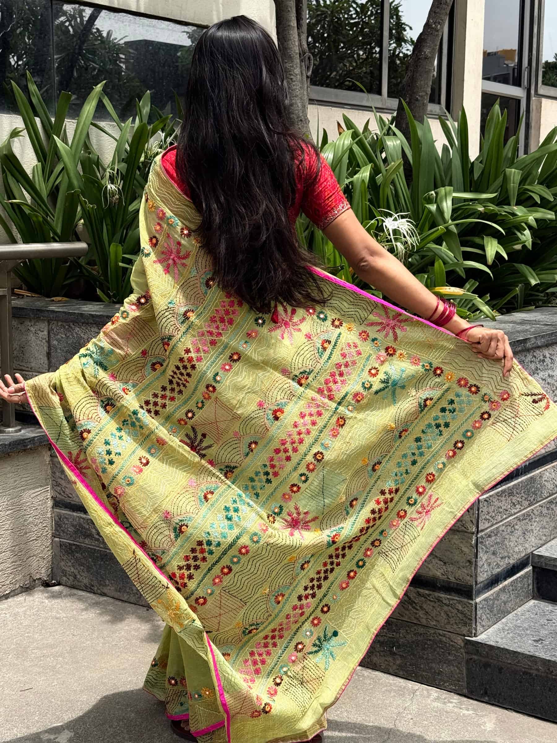 Handloom Dhonekhali Cotton Saree with Hand Embroidery in Pistachio Green