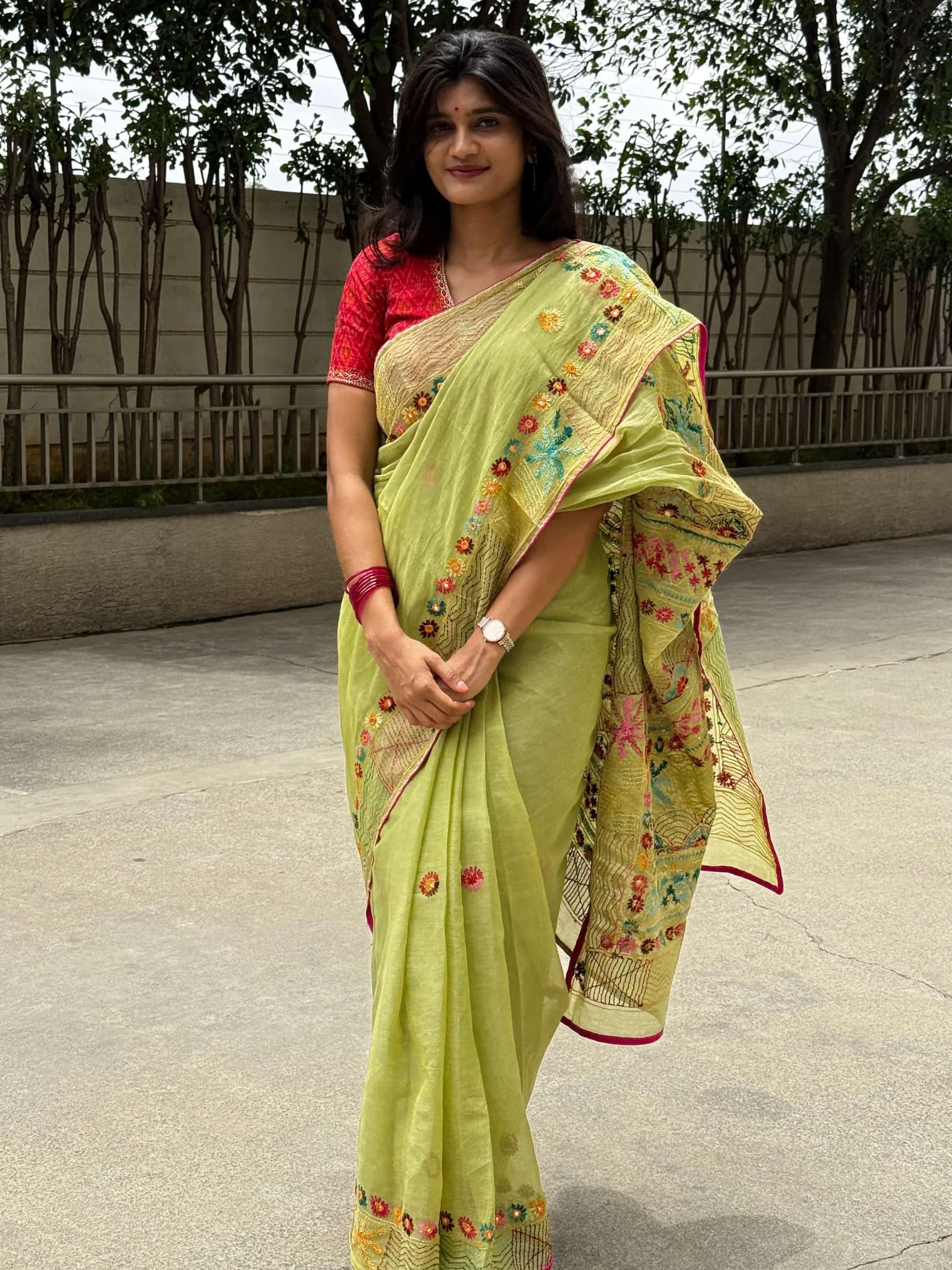 Handloom Dhonekhali Cotton Saree with Hand Embroidery in Pistachio Green