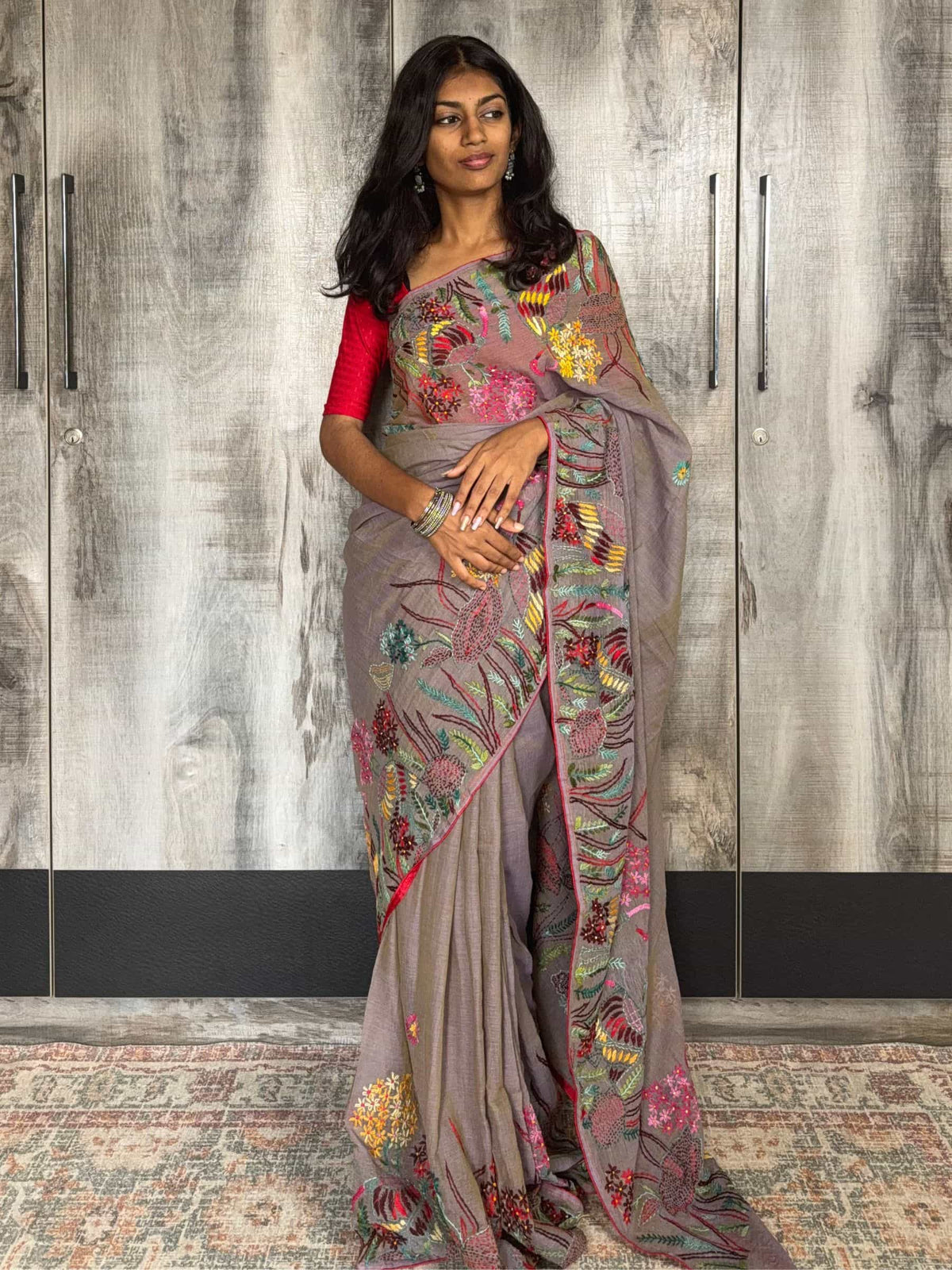 Handloom Dhonekhali Cotton Saree with Hand Embroidery in Grey
