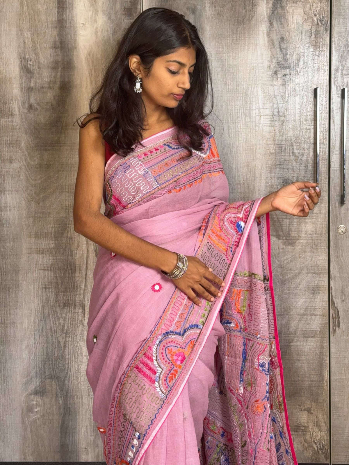 Handloom Dhonekhali Cotton Saree with Hand Embroidery in Pink