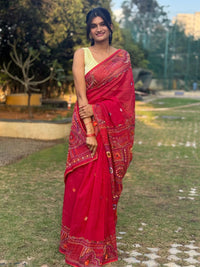 Red handloom Dhonekhali cotton saree with Lambani hand embroidery