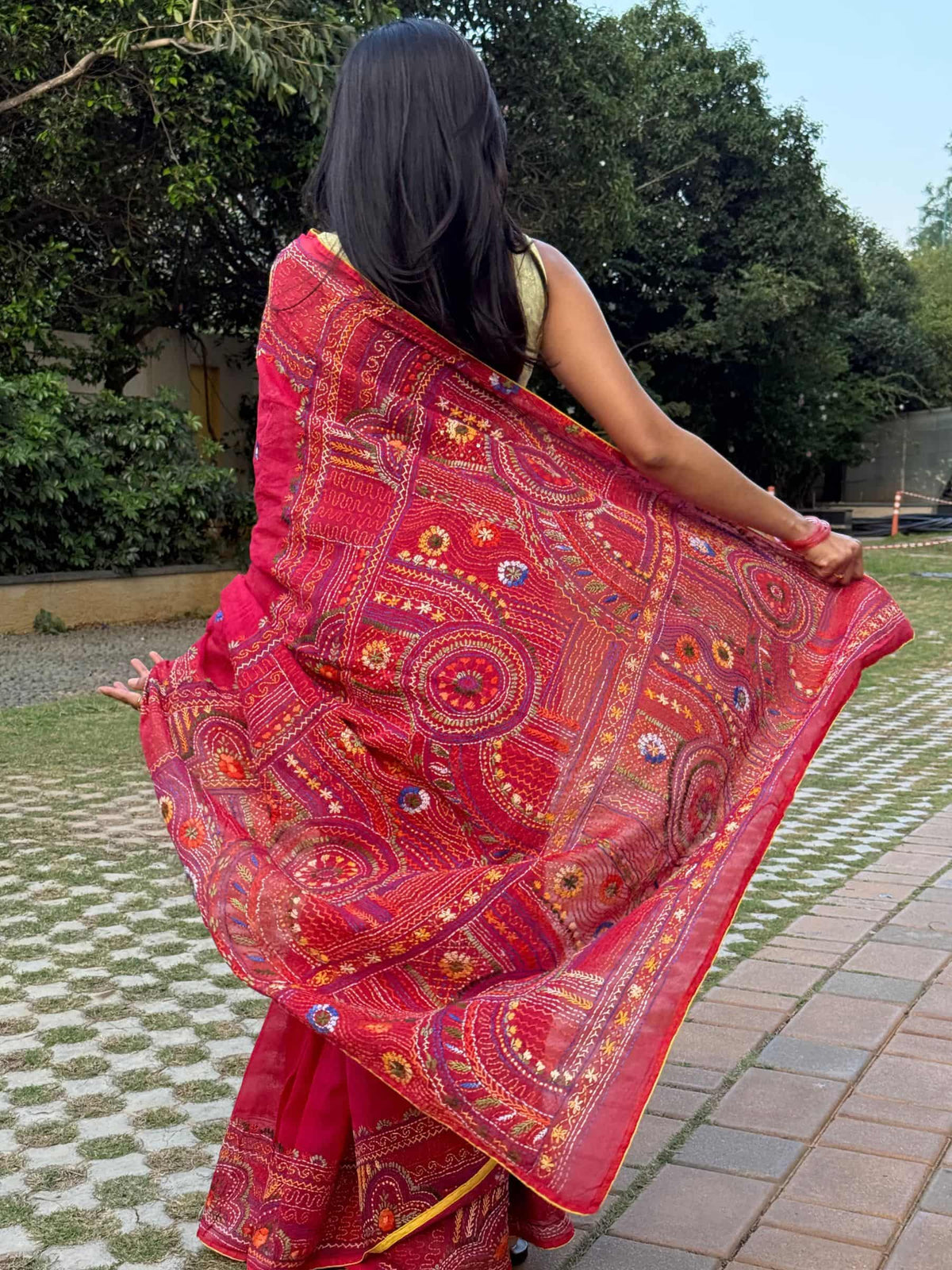 Red Dhonekhali cotton saree with multicolor Lambani embroidery